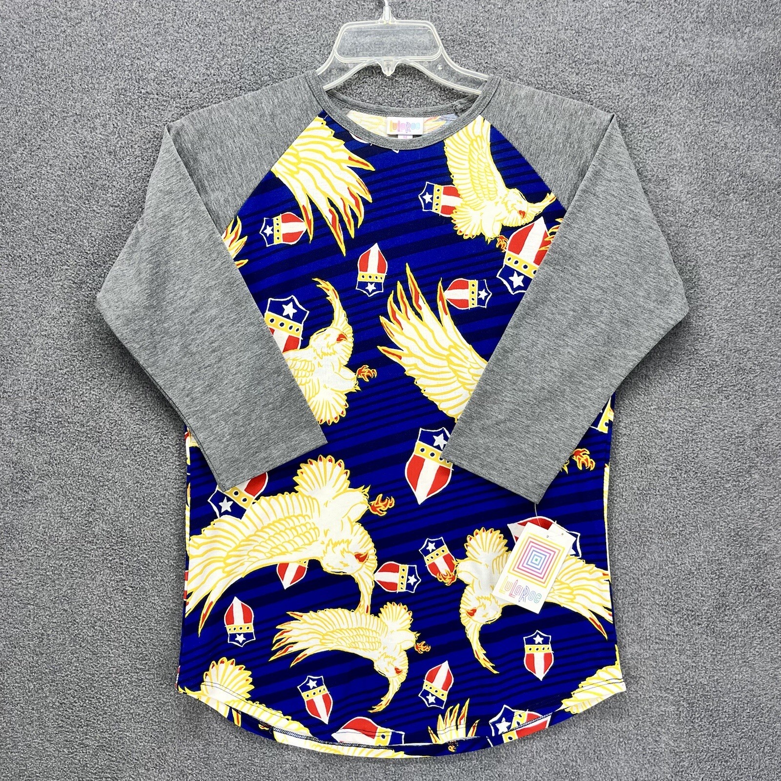 LuLaRoe Top Womens Medium Blue Gray Yellow Randy Shirt Eagles long sleeves