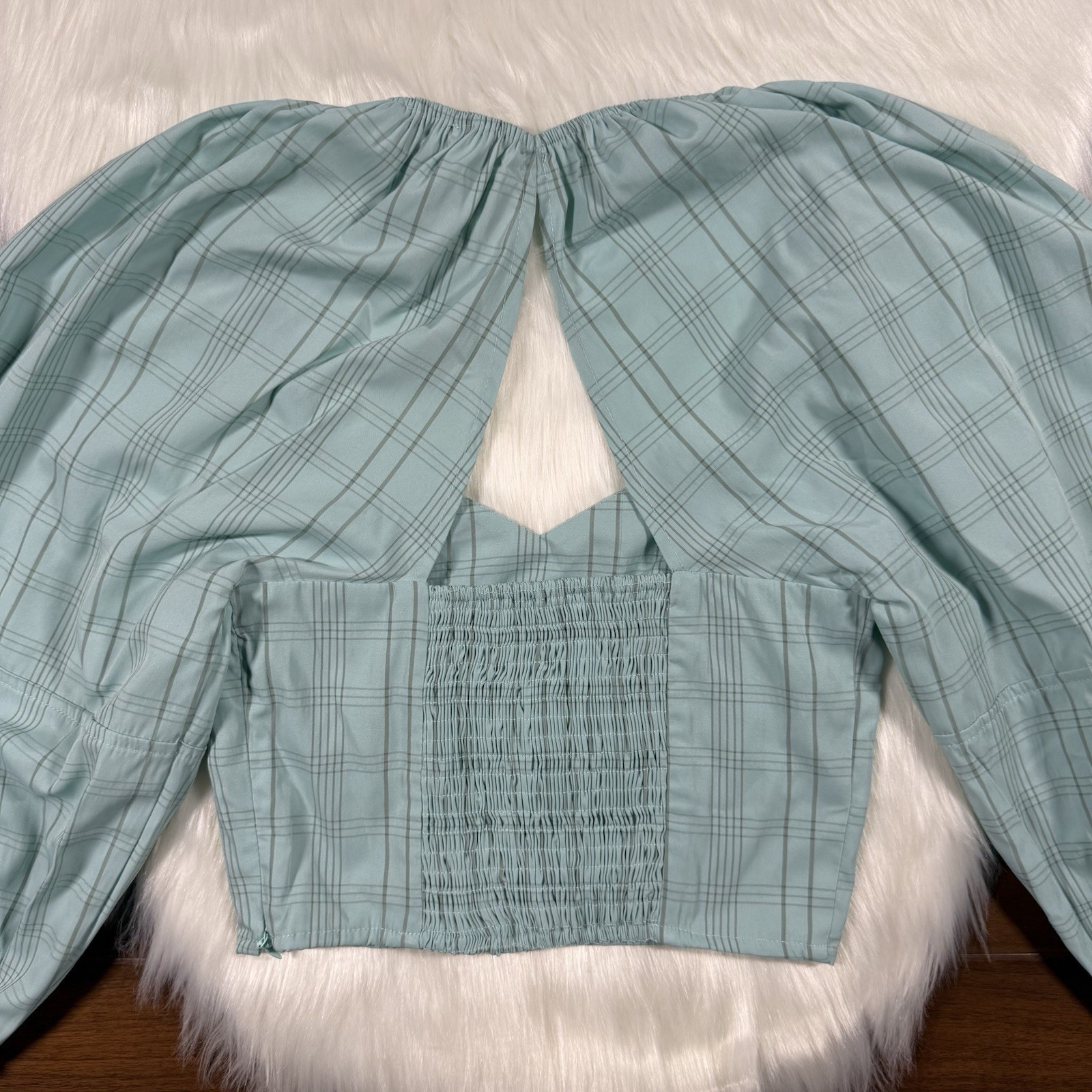 Buru Size XS Aqua Stripe Sweetheart Neck Balloon Sleeve Bustier Cropped Top