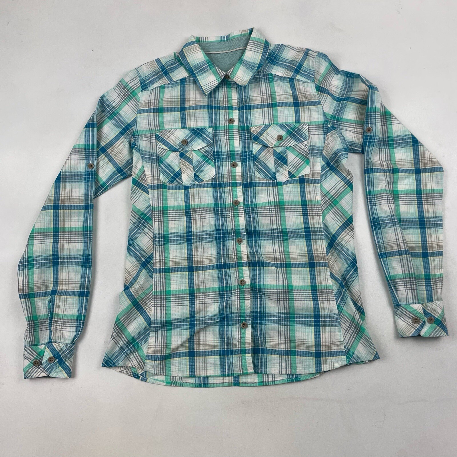 Marmot Multicolor Plaid Button Up Shirt Roll Tab Sleeve Sz S 100% Polyester