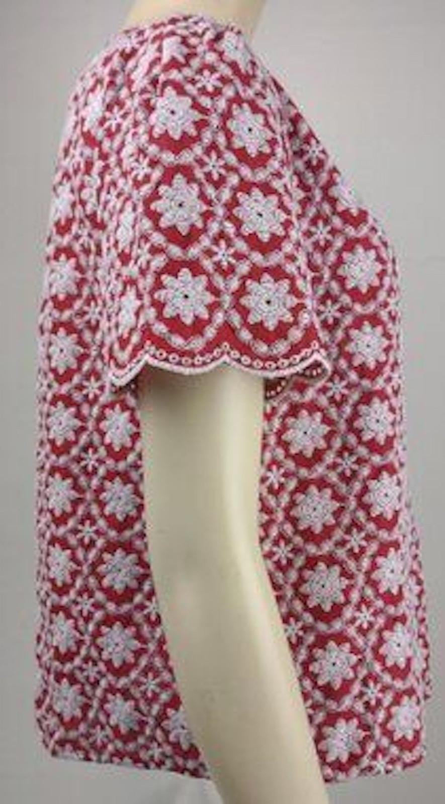 LOFT Womens Scalloped Sleeve Slit Neck Top Red Floral Embroidered XXS Petite