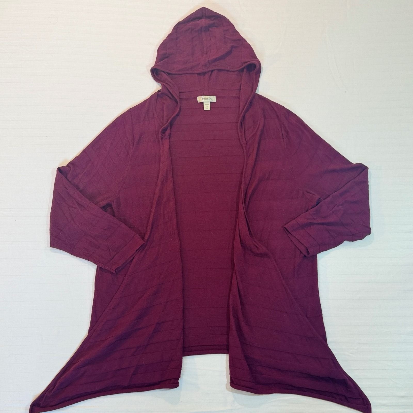 Dressbarn Womens 1X Burgundy Hooded Open Front Cardigan Ribbed Handkerchief Hem