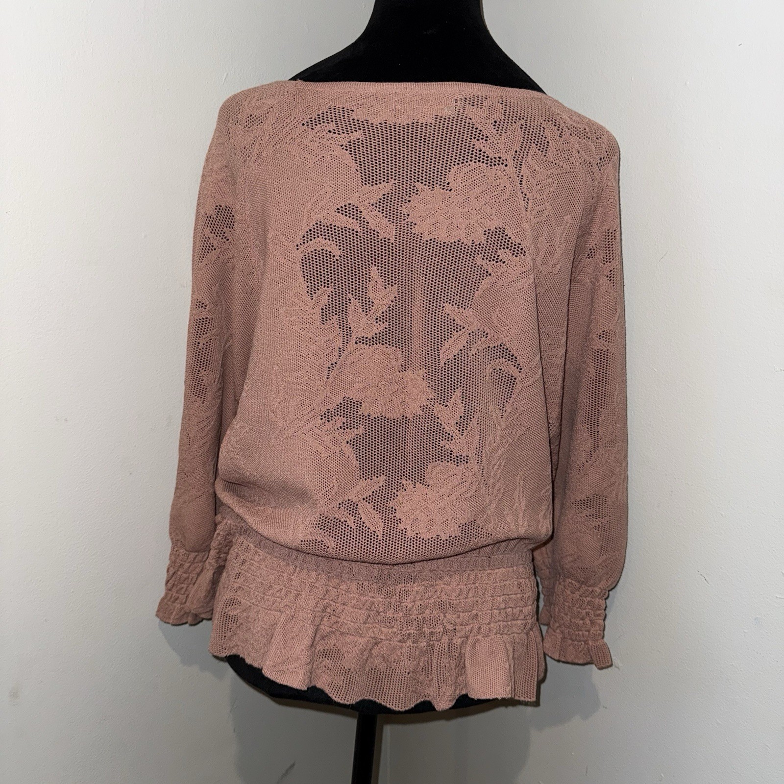 Express Women’s Lg Lace Stitched Smock Pullover Blouse Mauve Pink Boho Delicate