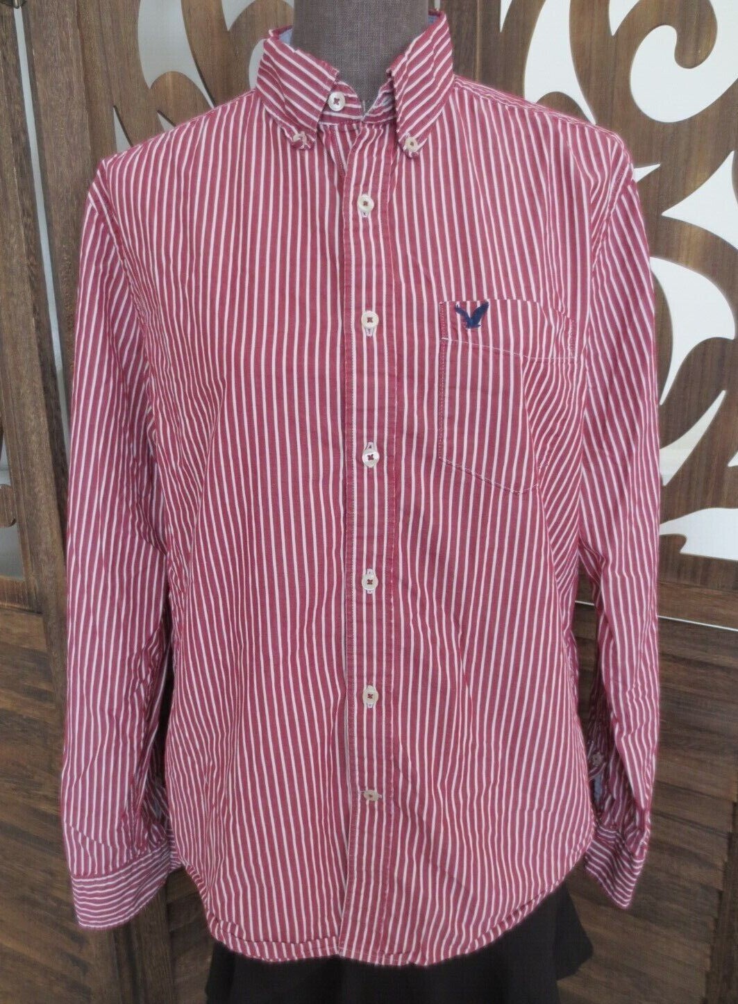 AEO American Eagle Womens Button Classic Fit Maroon Striped Top Shirt Blouse – M