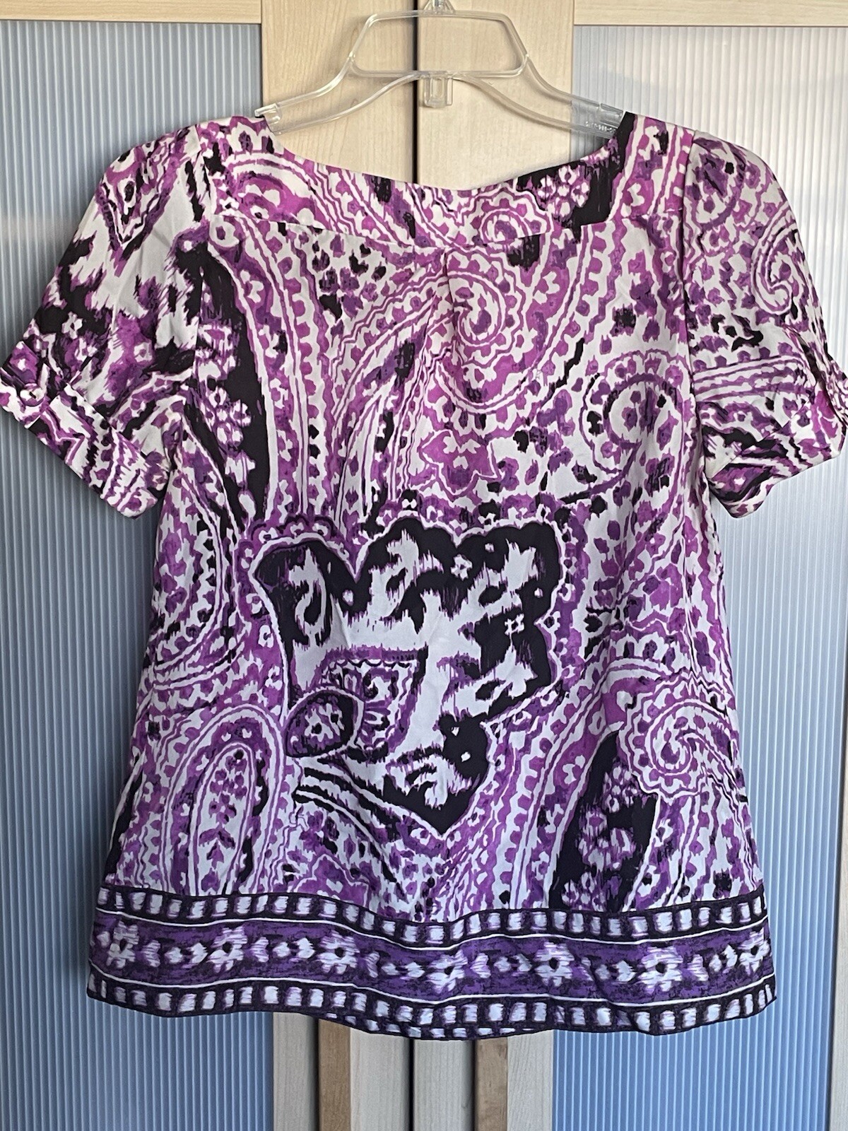 Banana Republic Purple Top Sz XS Blouse Boho Paisley Silk Short Sleeve Career