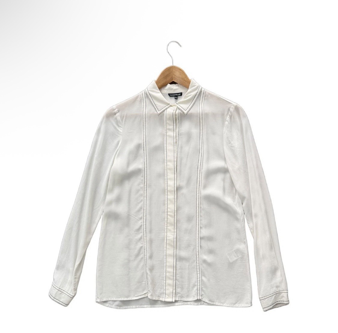 Warehouse White Long Sleeve Collared Button-Up Viscose Blouse Size 8
