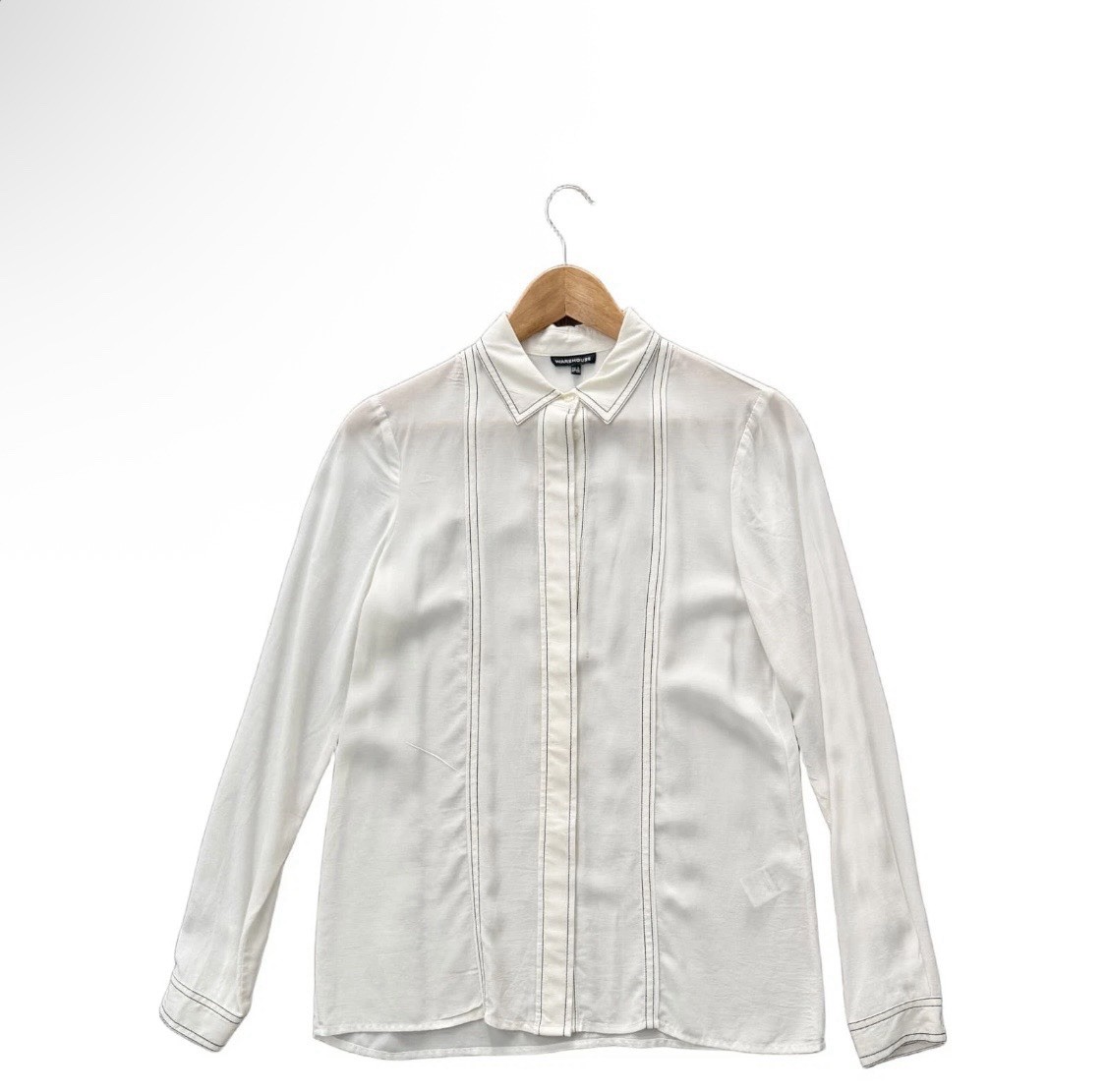 Warehouse White Long Sleeve Collared Button-Up Viscose Blouse Size 8