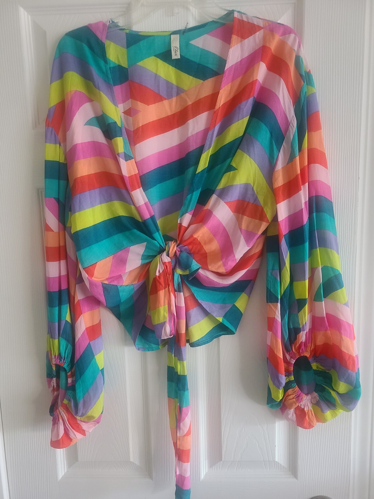 Elan international Rainbow Colorful Tie Front Top Over-shirt Sz S