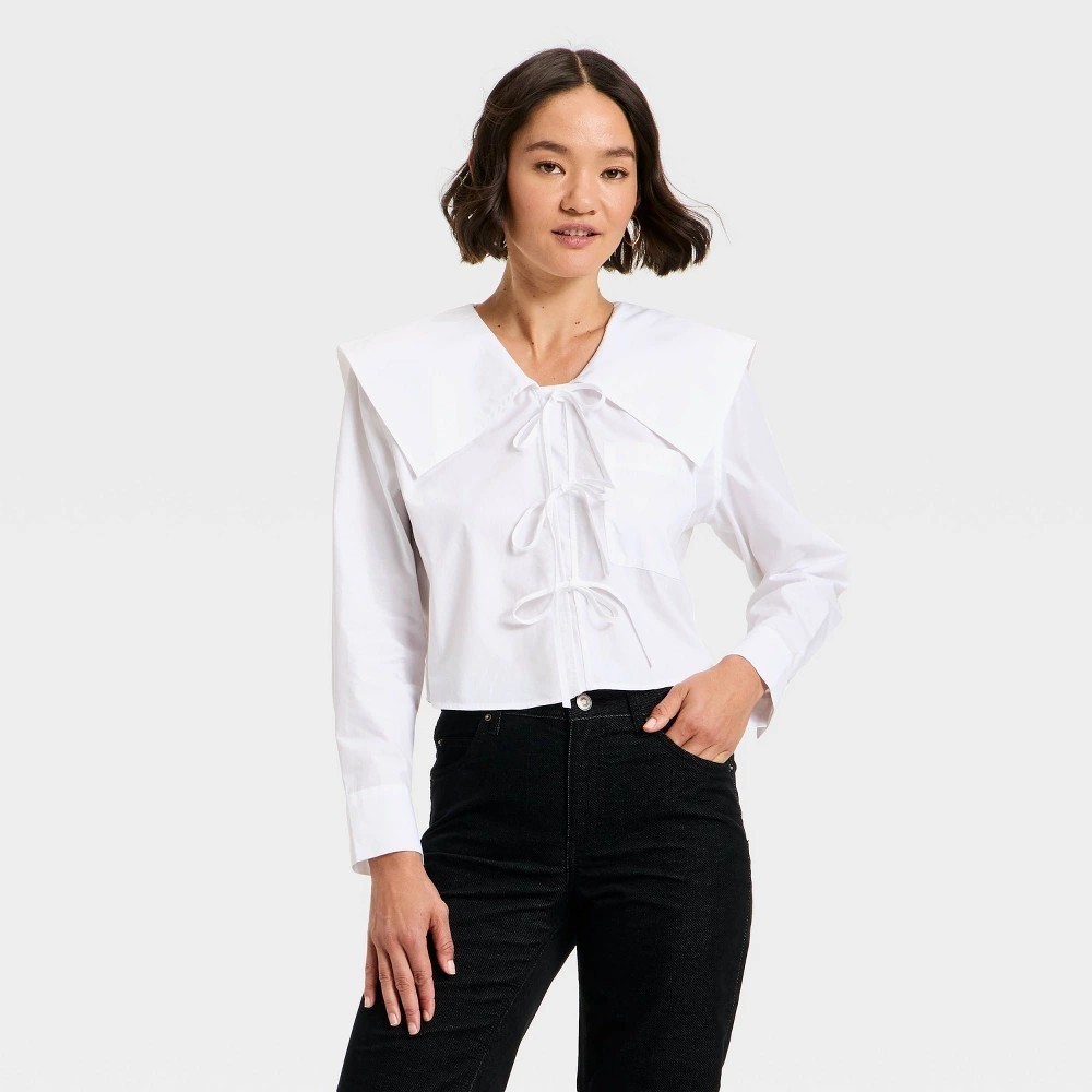 Future Collective Long Sleeve Relaxed V-Neck Tie-Front Blouse Womens Small White