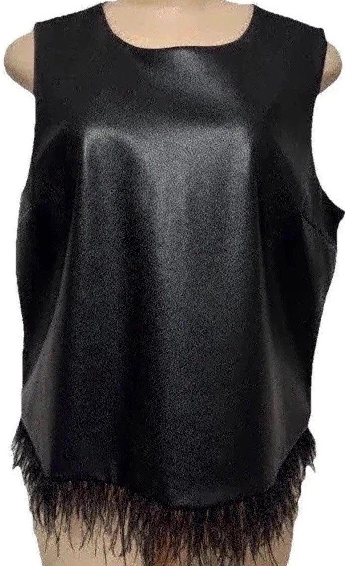 Forcynthia womens leather top NEW size L black feather party club evening shirt