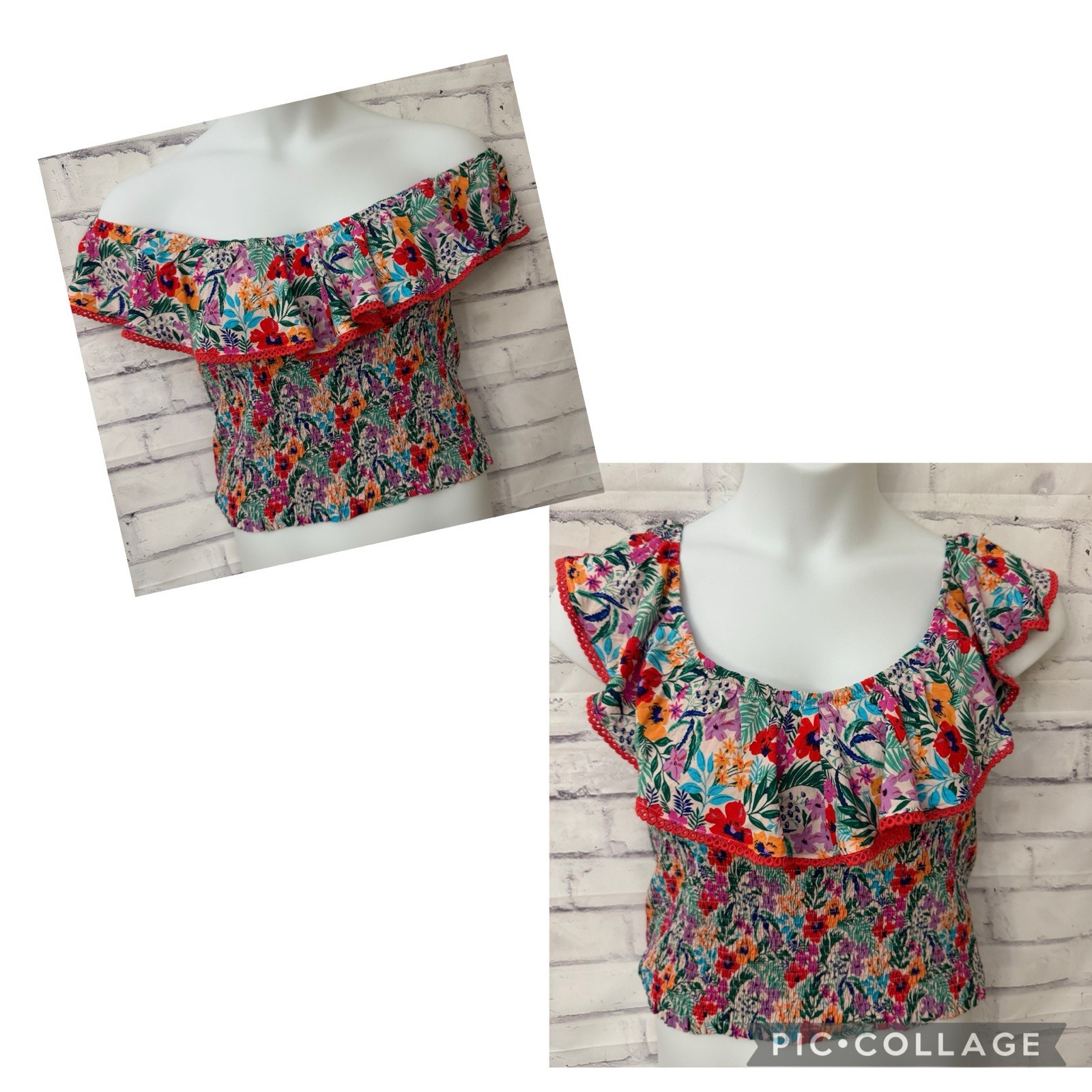 Lost + Wonder 1X Y2K Floral Crop Top Off Shoulder Smocked Ruffle Feminine Girly