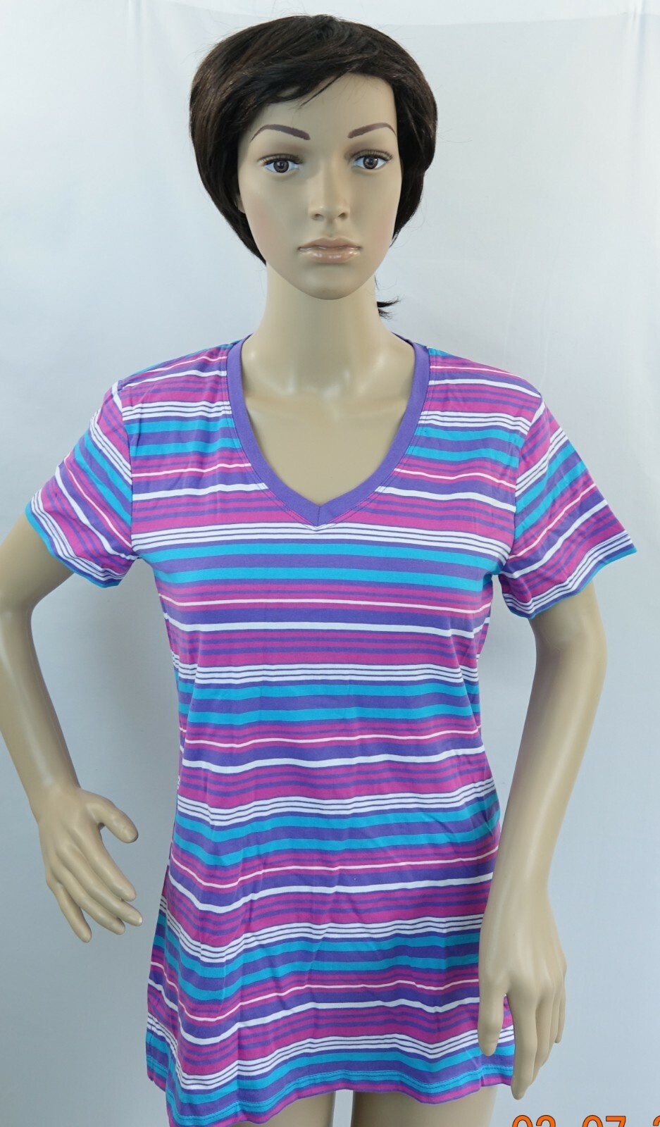GREAT NORTHWEST purple/pink/white/green striped short sleeve V-neck T-shirt, S
