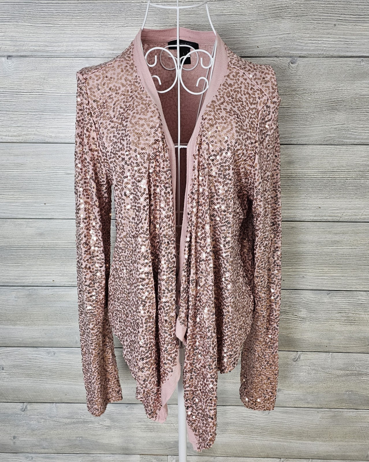 Karen Kane Waterfall Open Front Pink Cardigan Sparkle Long Sleeve Size Large