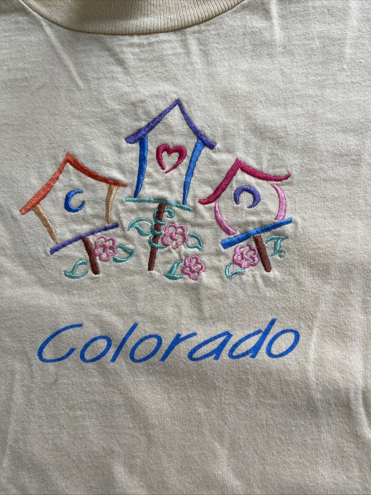 Y2K Colorado T-Shirt Cotton Pastel Yellow Graphic Embroidered Discolorations