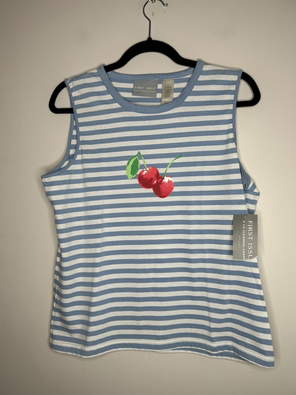 First Issue Liz Claiborne Blue White Striped Cherry Tank Top Y2K Size Medium NWT