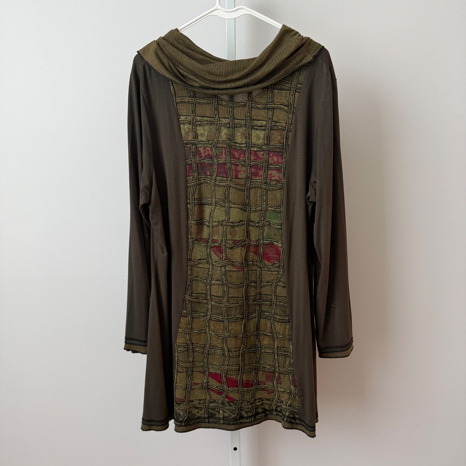 Parsley & Sage Lagenlook Quirky Cowl Neck Long Sleeve Tunic Top 1X Green Brown