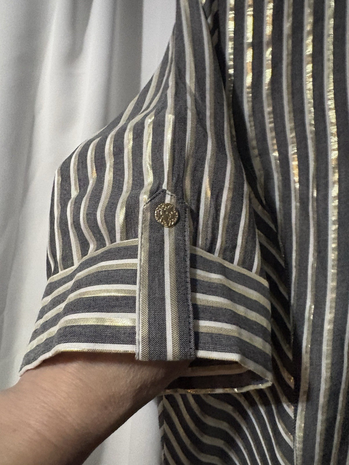 Anne Klein Striped Collared Zip Front Metallic Woven Blouse Gray White Gold L
