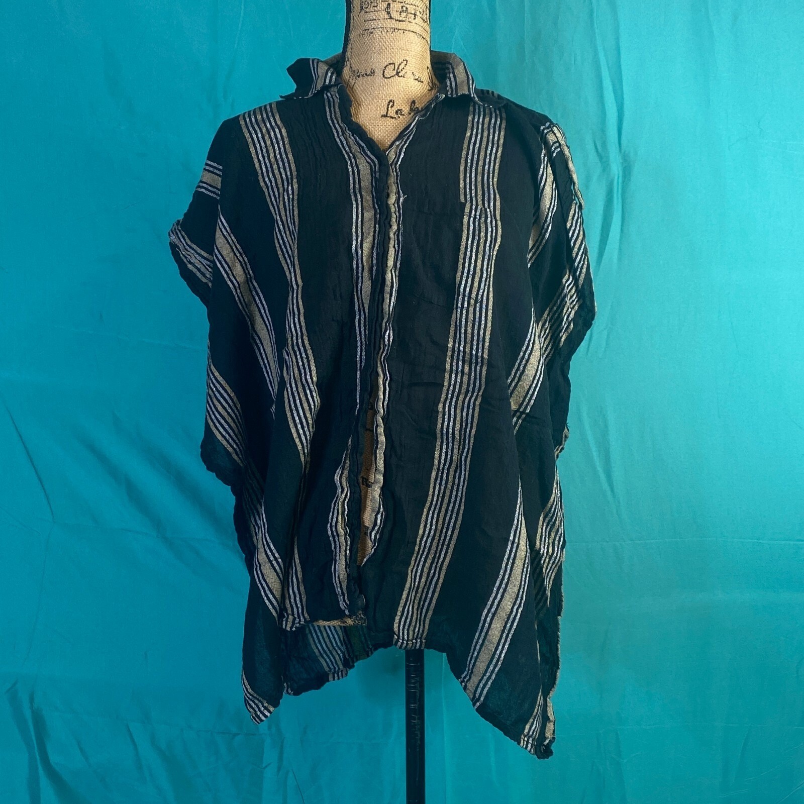 Accessory St New York Women Black Striped Cotton Poncho Top One Size Boho Gauze