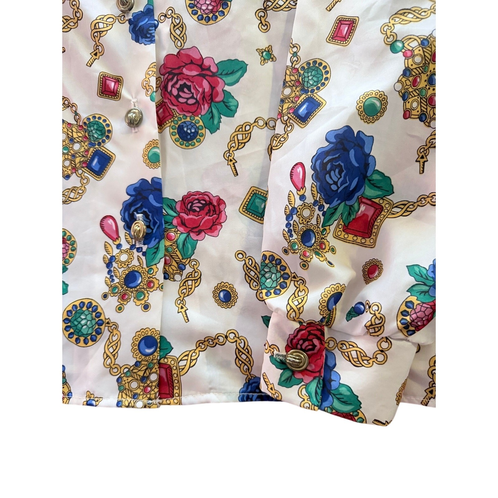 Vintage cape cod sportswear button front long sleeve jewels chains print blouse