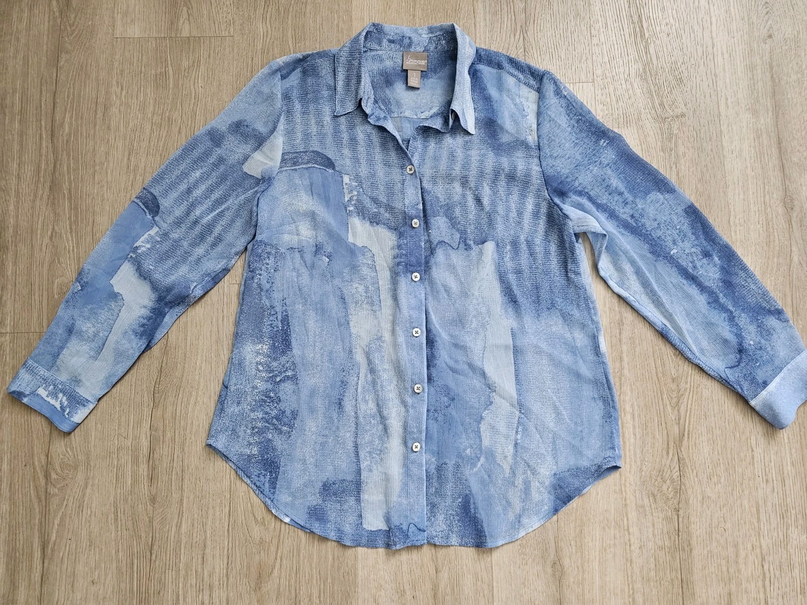 Chicos Blue Water Color Button Up Blouse Size 1