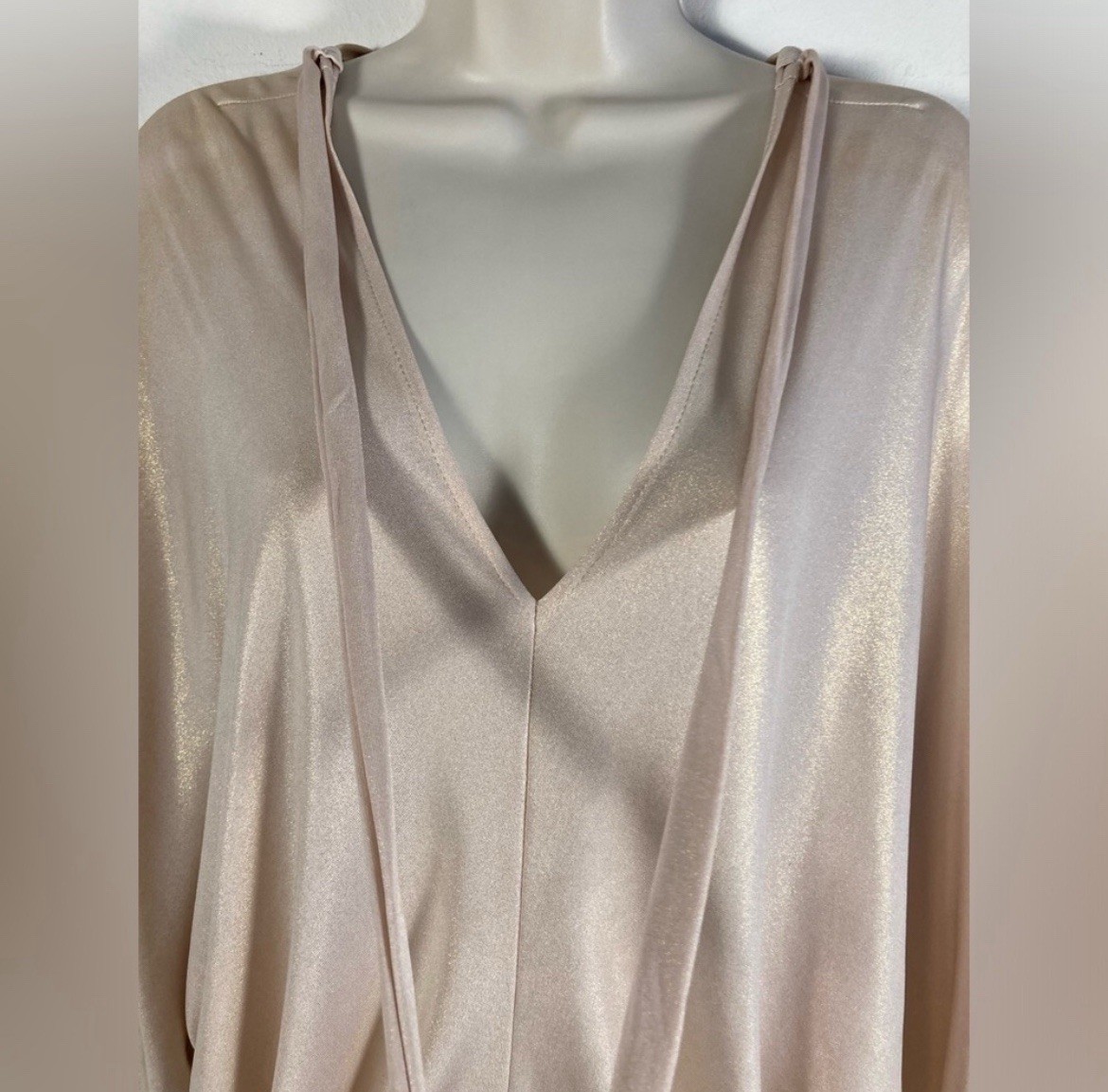 Julian Chang Tunic Top XL Champagne Gold Shimmer Tasseled Tie Cocktail Old Money