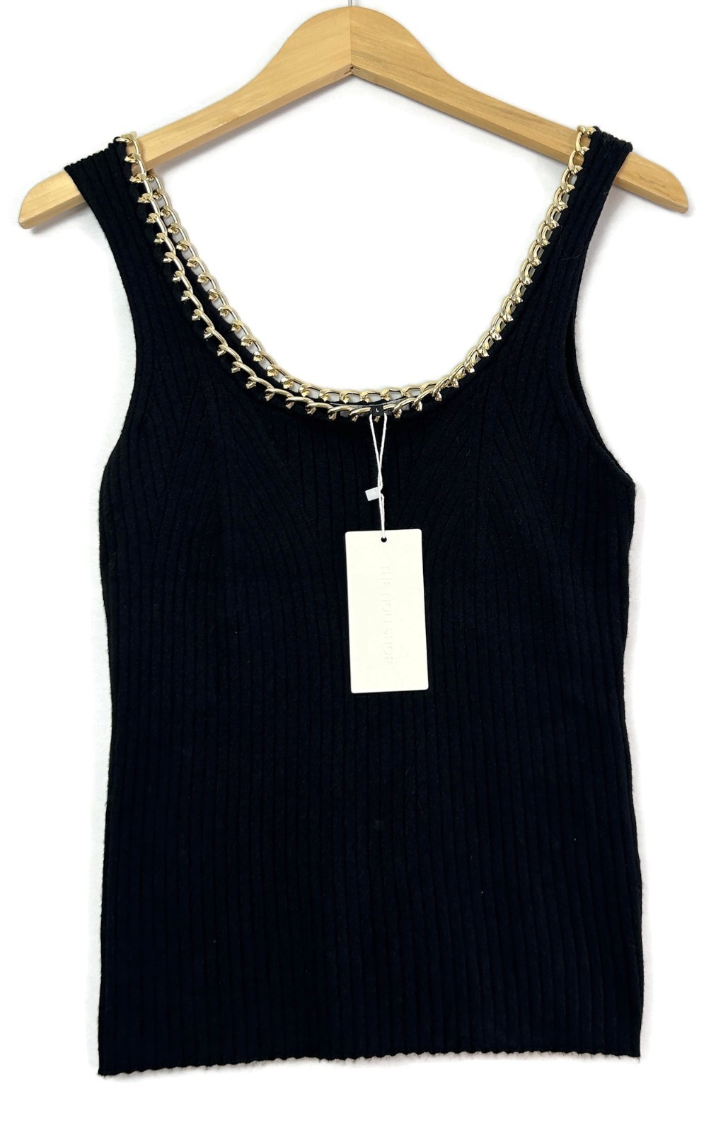 The Noli Shop Millie Knit Tank Top Black Ribbed Gold Chain Detail Women’s Large