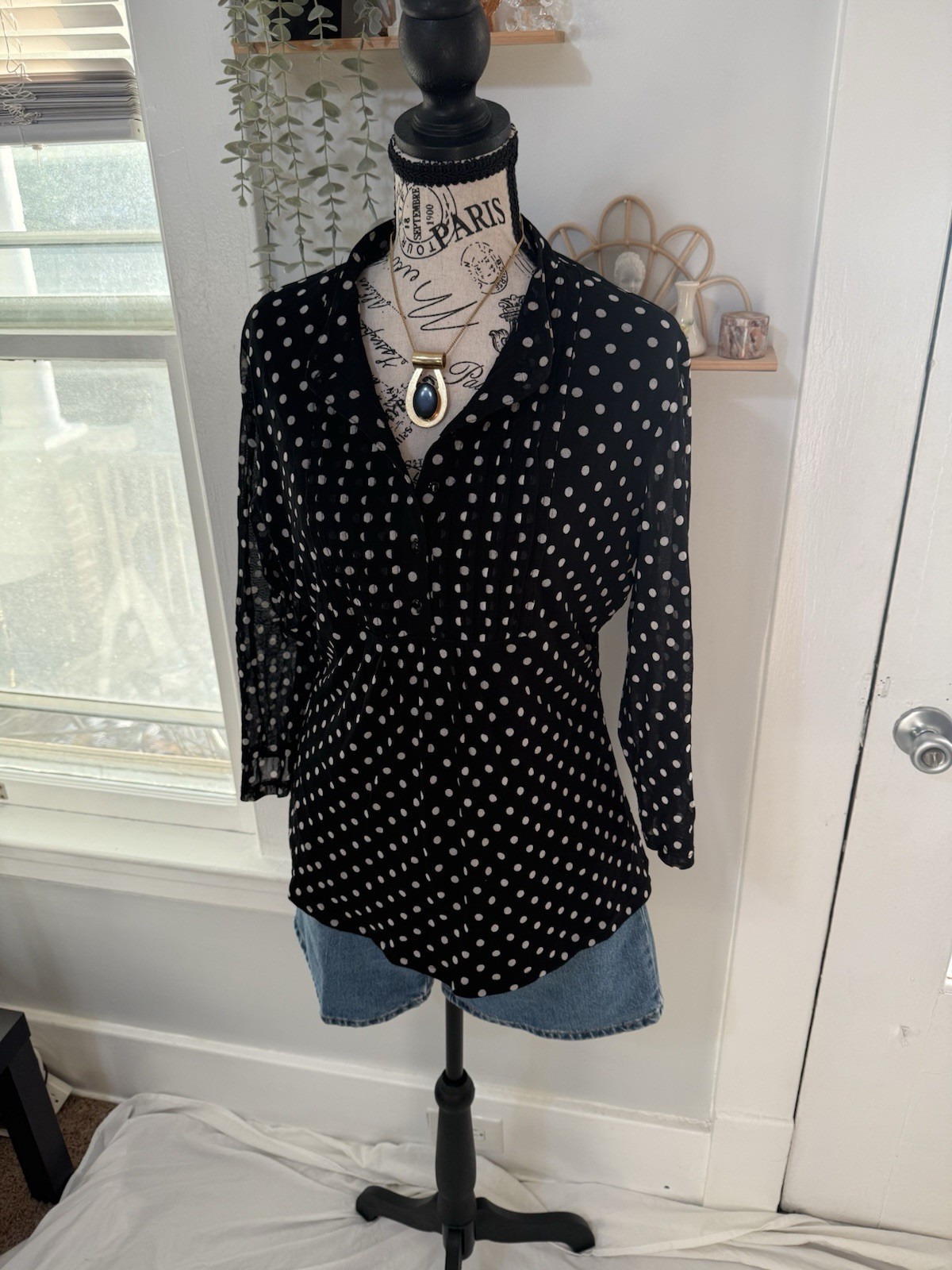 INC International Concepts Black/White Polka Dot V-Neck Button Woven Blouse XL