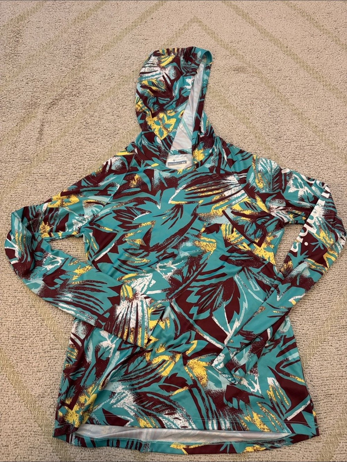 Columbia PFG Sun Hoodie Tropical Print Long Sleeve Performance Shirt M