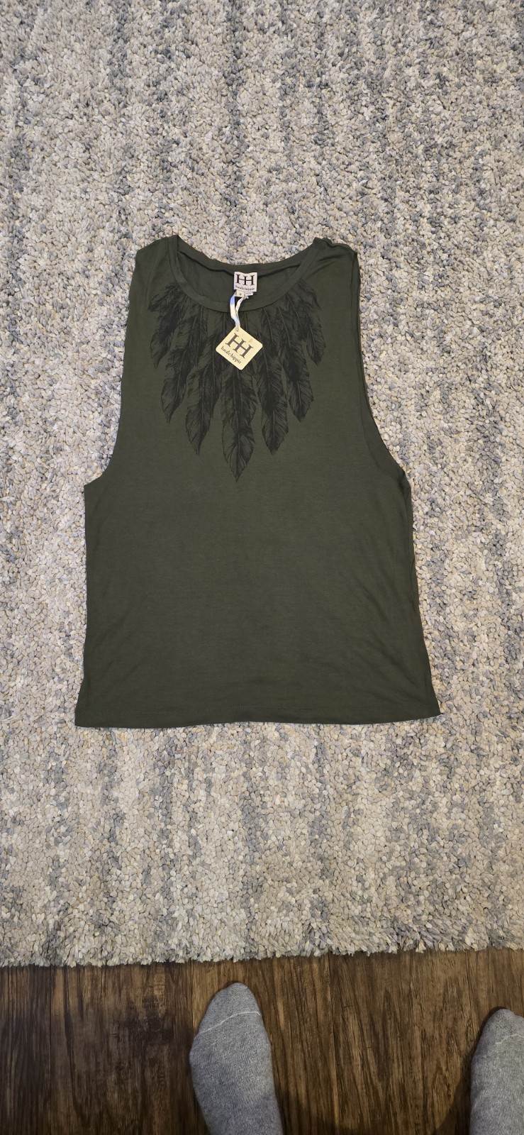 NWT! Haute Hippie Feathers Muscle Tank Military Green Sleeveless Shirt! Size S