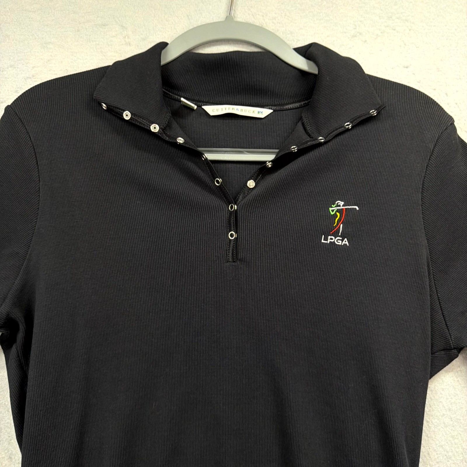 Cutter & Buck LPGA Golf Shirt Women Large Black Ribbed Knit 1/4 Snap Long Sleeve