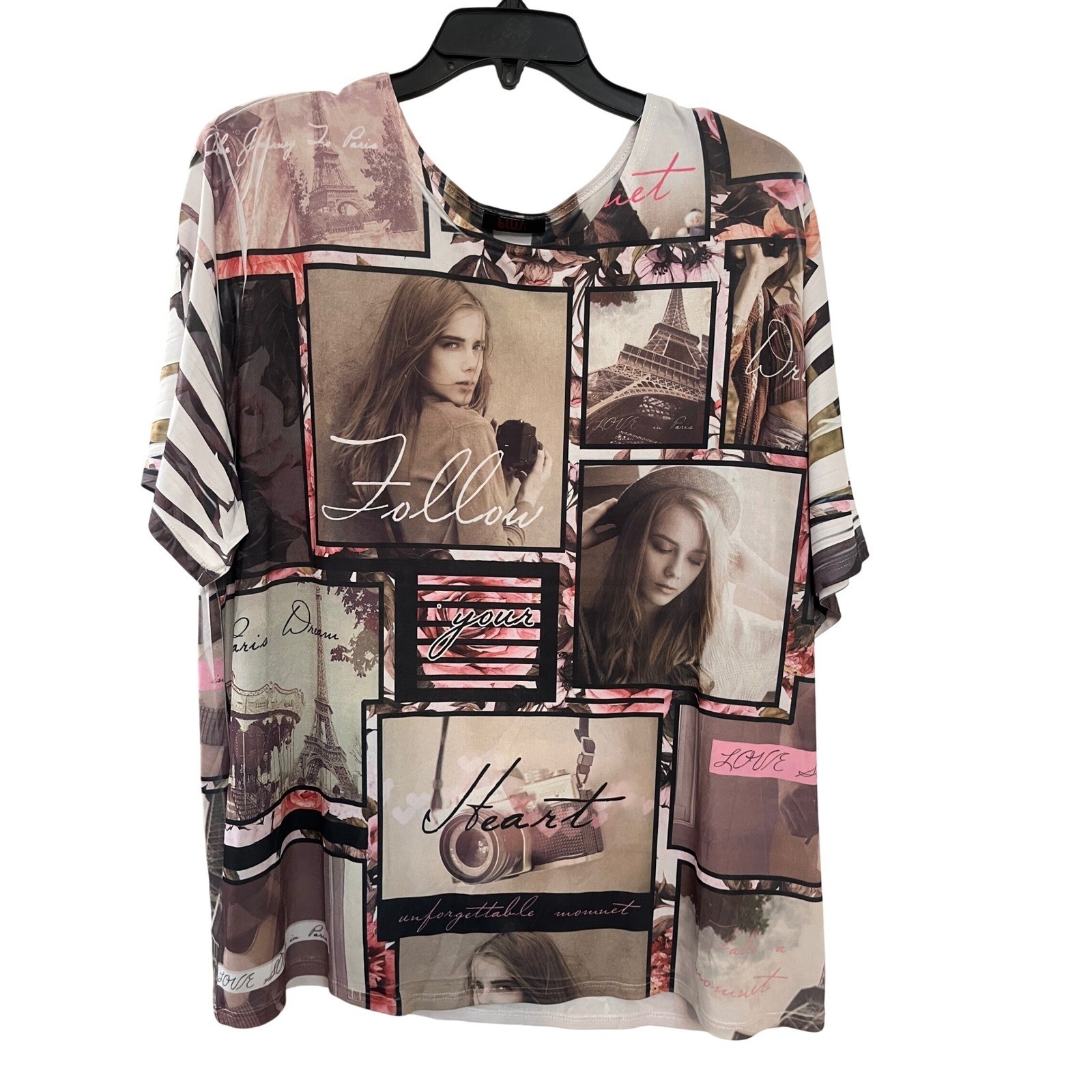 Blush Paris Photo Collage Graphic Tee Shirt Multicolor Eiffel Tower Travel Top