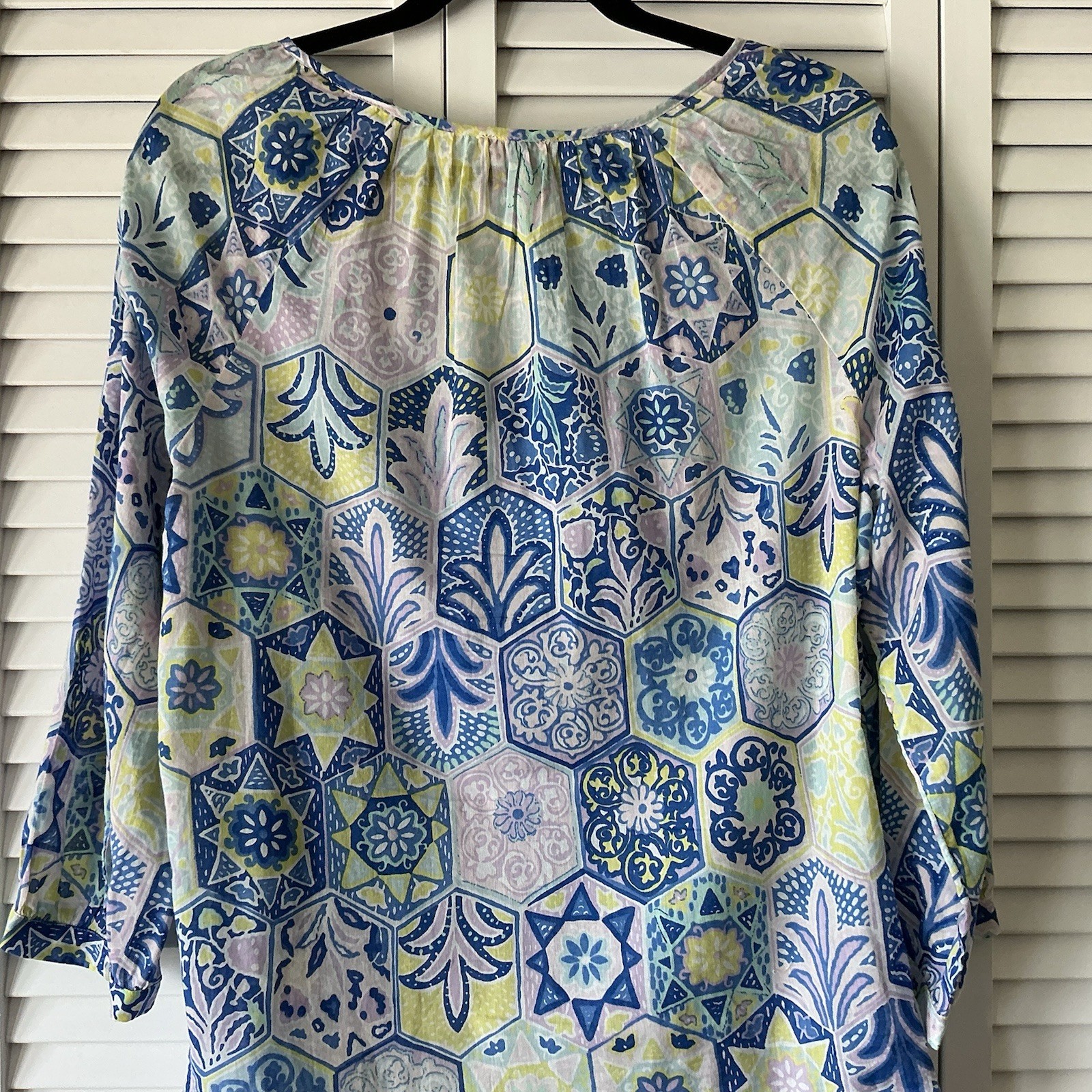 Talbots Cotton Peasant Tunic Top Sz L Vibrant Pastel Patchwork Boho Chic Resort
