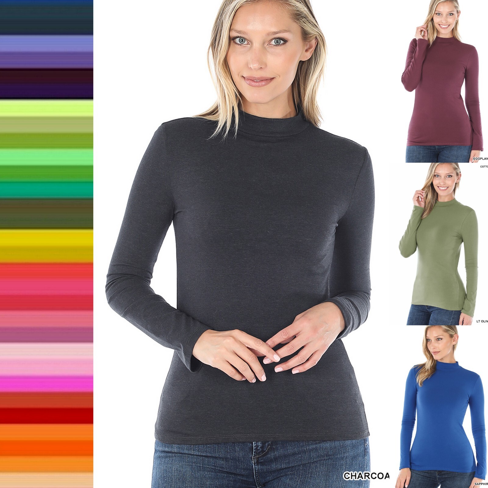 Women’s Mock Neck Soft Cotton Long Sleeve Top Soft Stretch T Shirt Fitted Tee