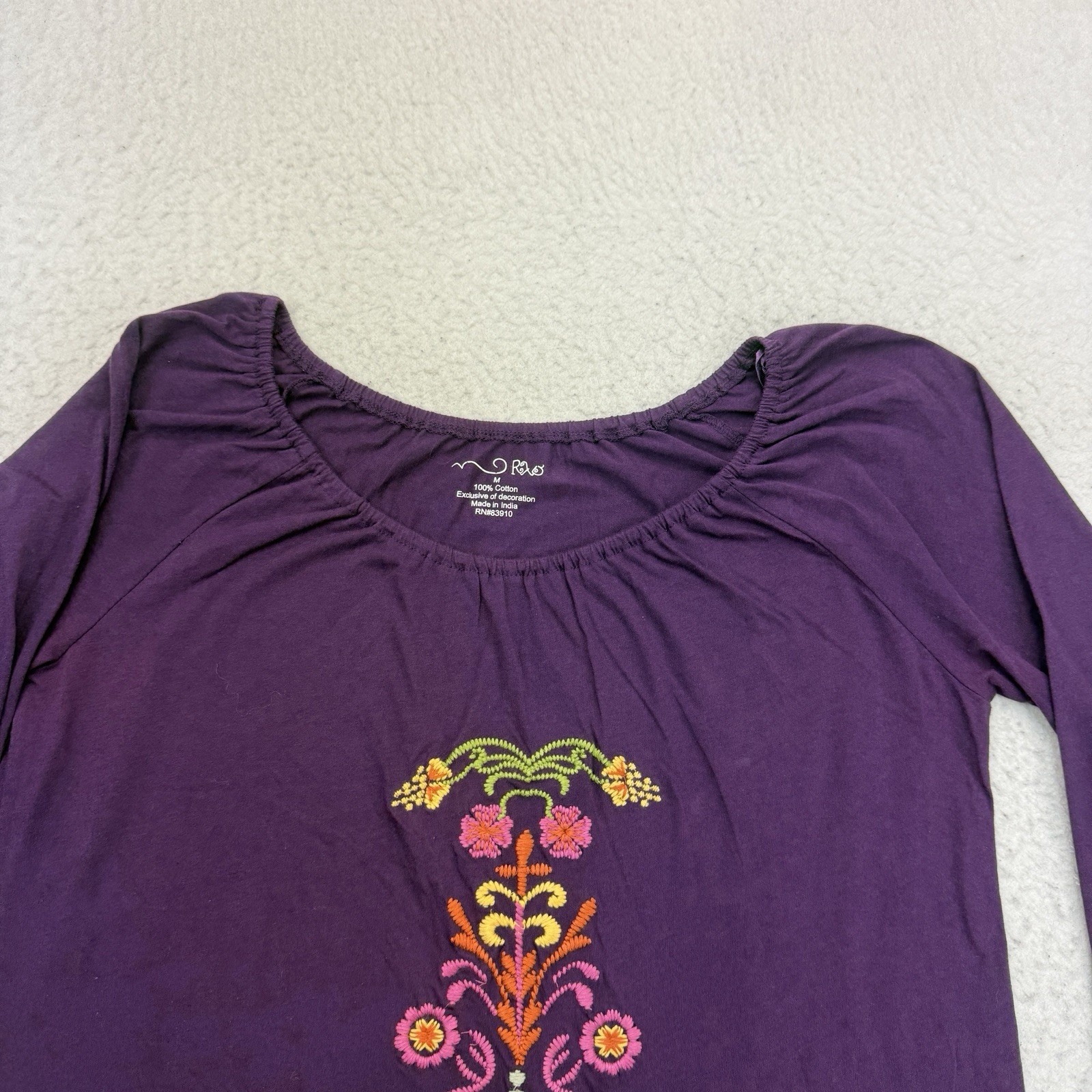 RXB Tunic Womens Medium M Purple Floral Embroidered Long Sleeve Cotton Boho
