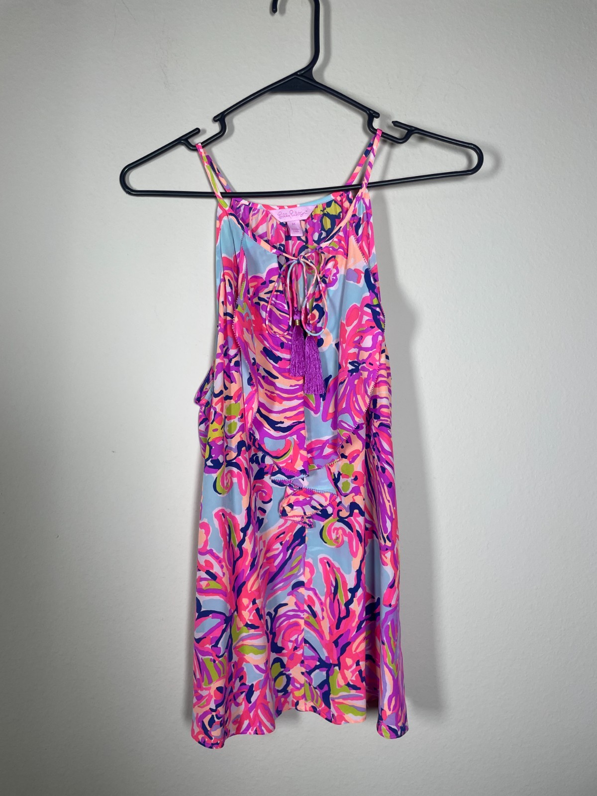Lilly Pulitzer Top Women’s M 100% Silk Tank Pink Blue Tassel Lightweight Resort