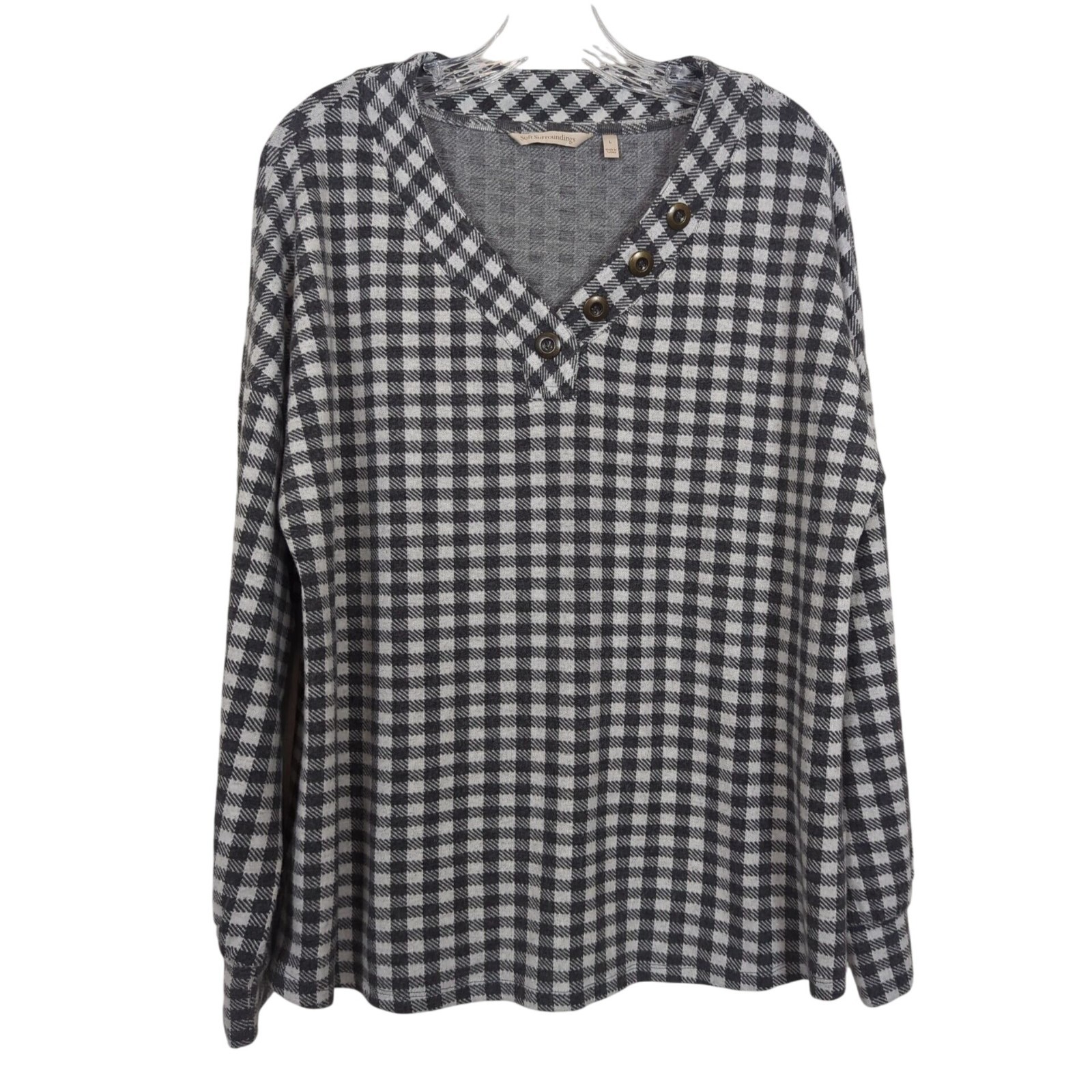 Soft Surroundings Women’s Black White Gingham Check Soft Tunic Sz L V-Neck