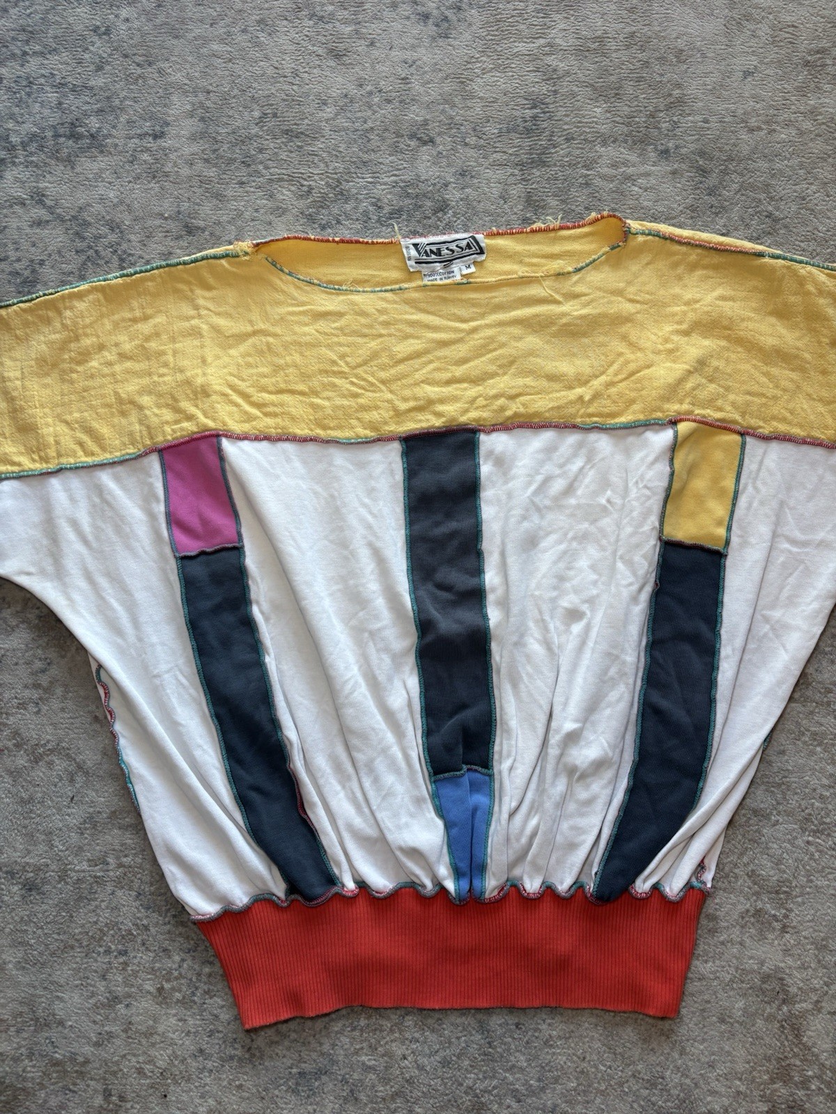 Vanessa vintage80s/90s Cotton Knit Colorblock Crew Neck Short Sleeve Top Size M