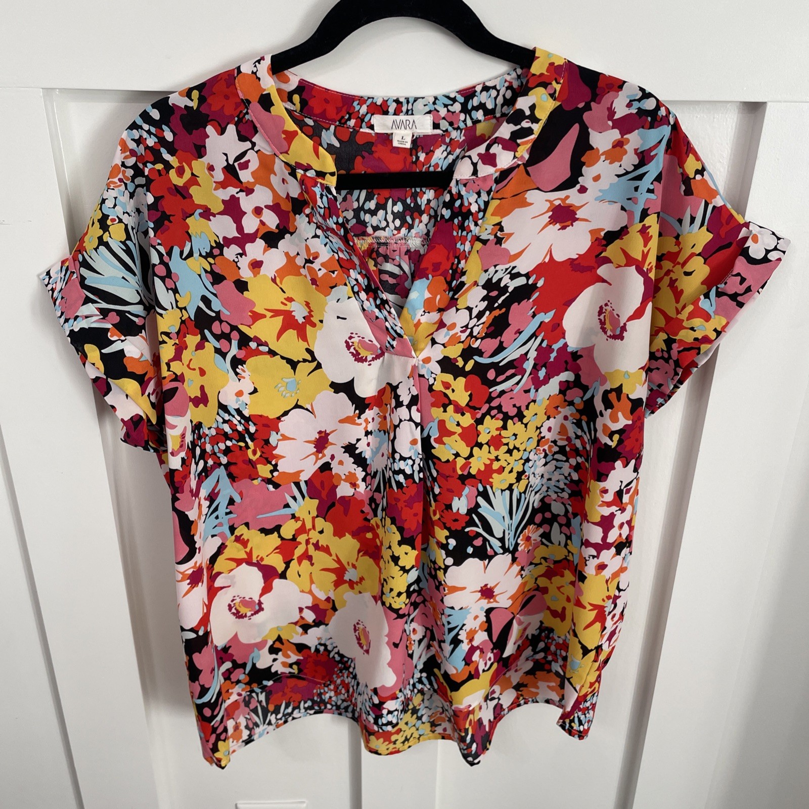 Avara Short Sleeve Blouse-multicolored Floral Print-Large-cap Sleeve-Boxy