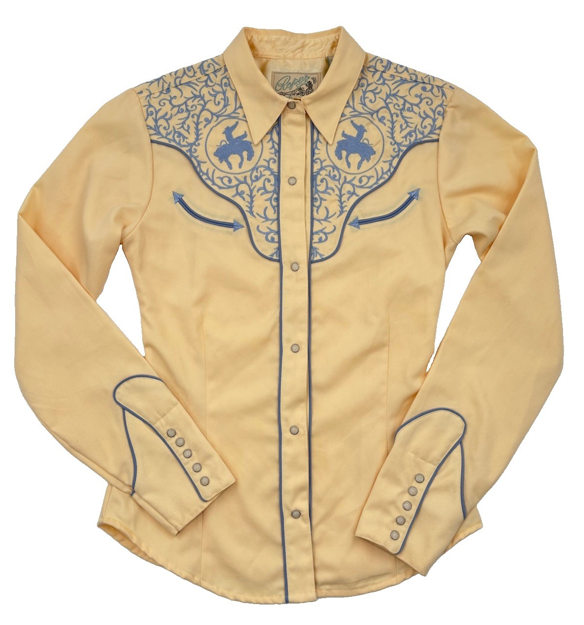 Roper Western Shirt Yellow Snap Up Womens XS Blue Embroidered Rodeo