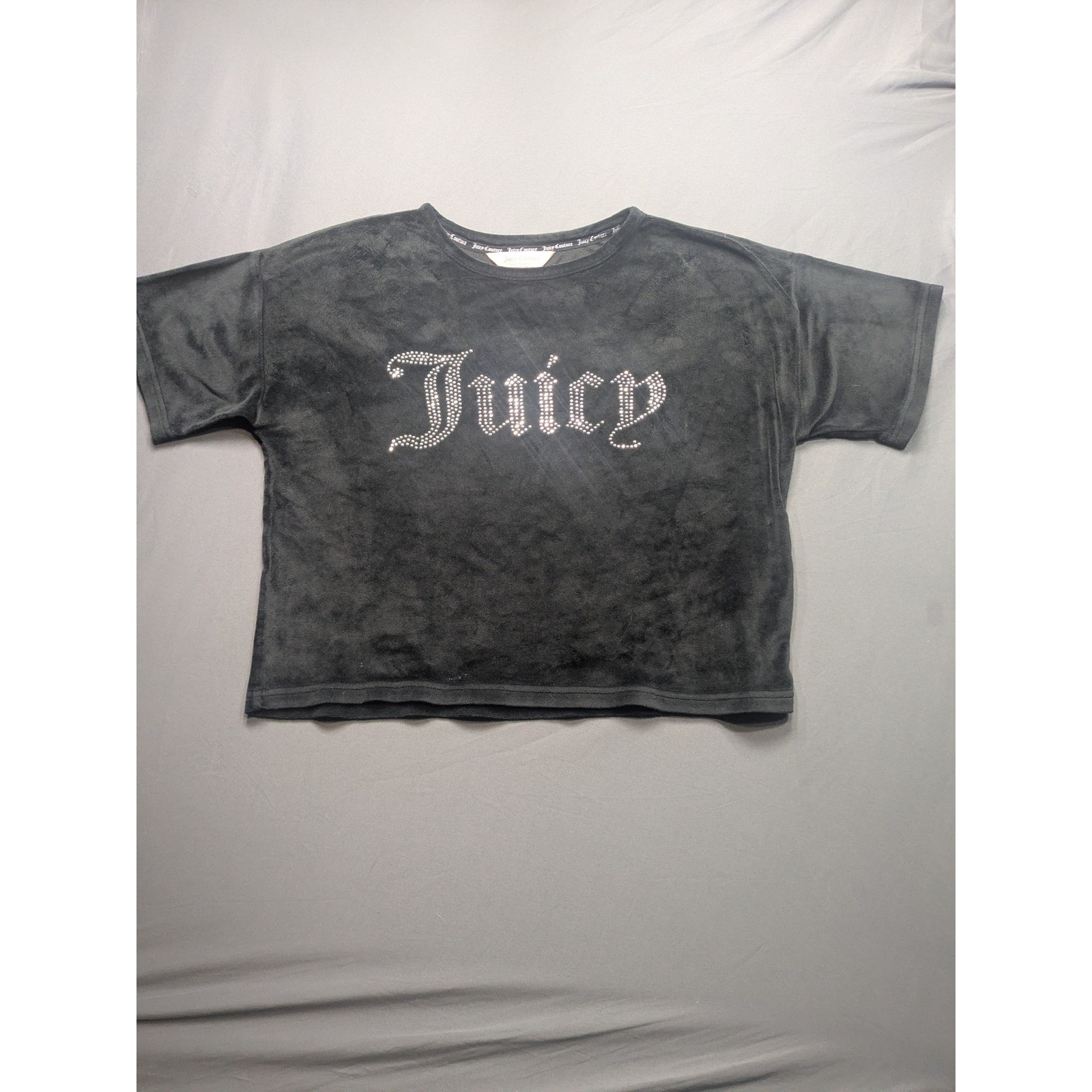 Juicy Couture Black Velour Rhinestone Logo Sleep Shirt Short Sleeve Crop Top S
