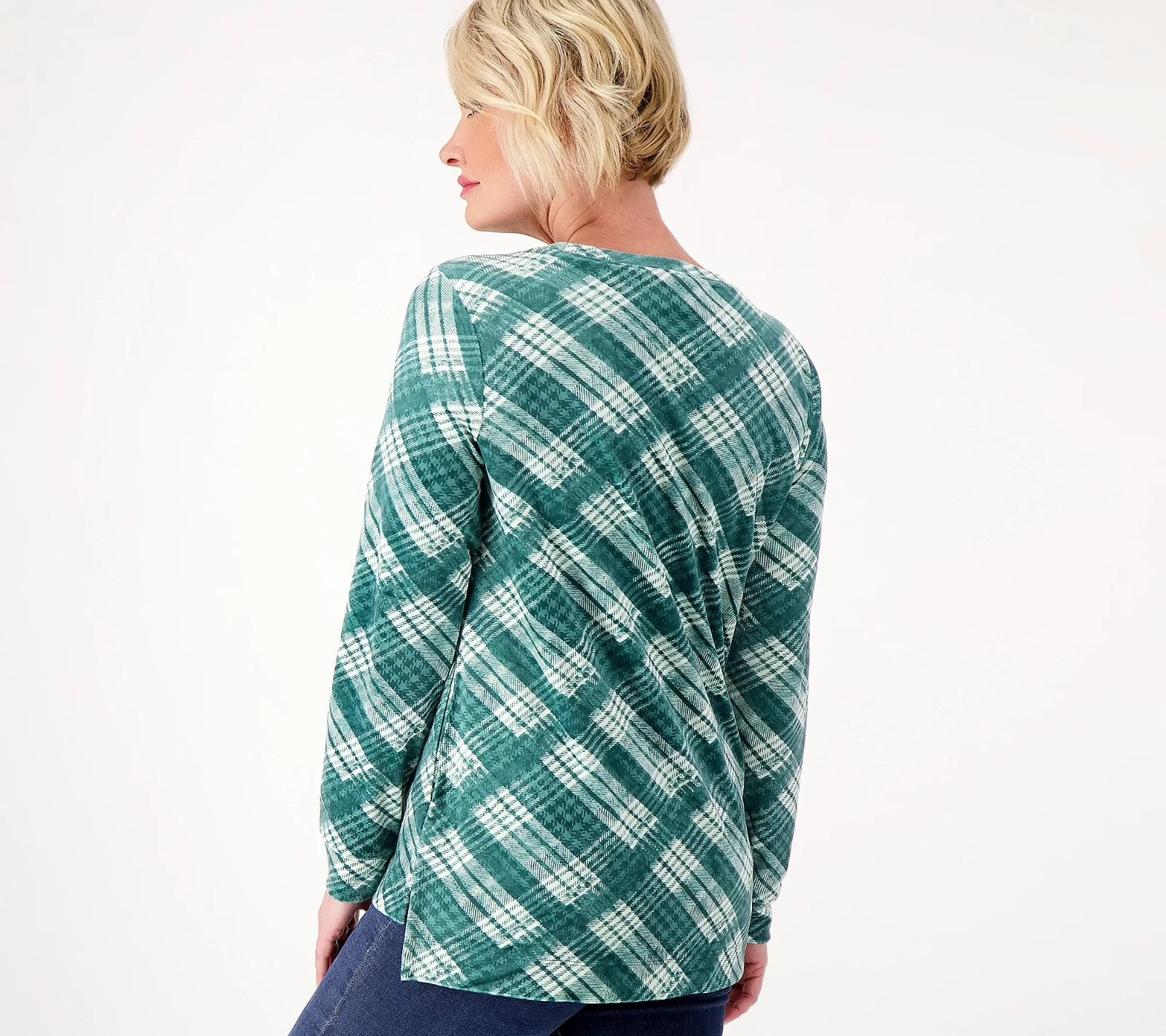 Denim & Co. Printed Velour Pullover with Hi-Low Hem Deep Pine Plaid 1XP A550322