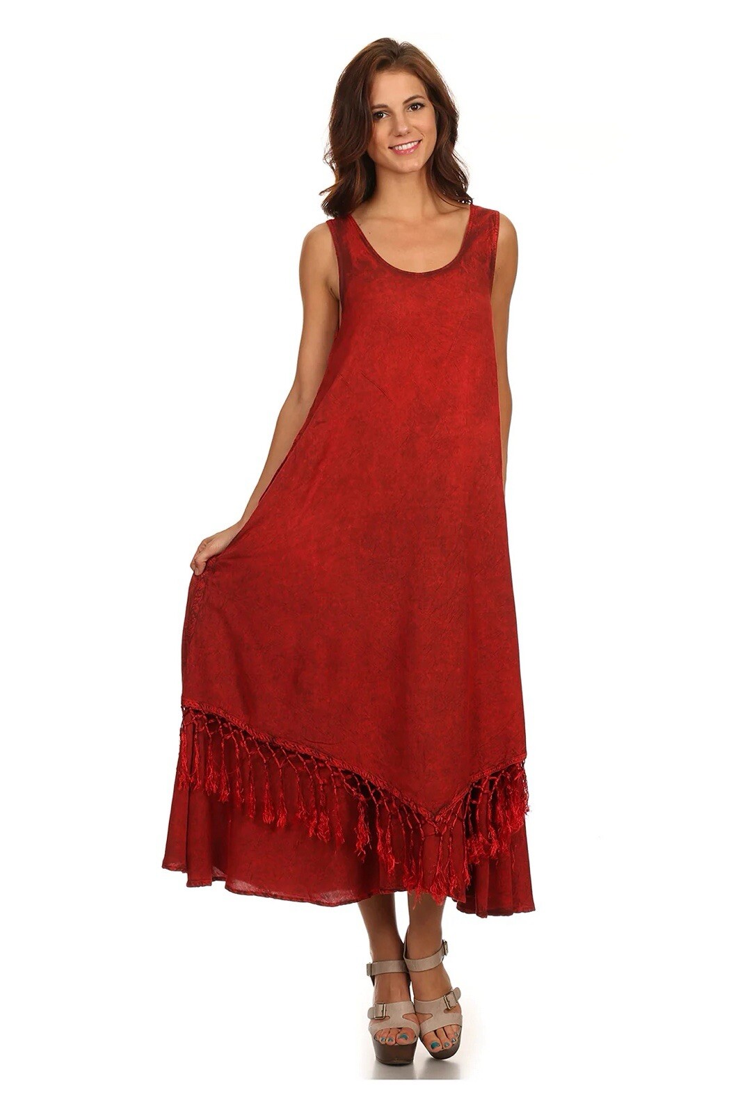 Sakkas 15222 – Emma Relaxed Fit Double Layered Tank Dress With Fringe Red S/M