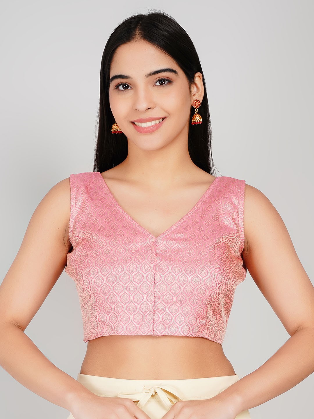 Women’s Readymade Saree Blouse Banarasi Brocade Sleeveless V-Neck Choli Crop Top