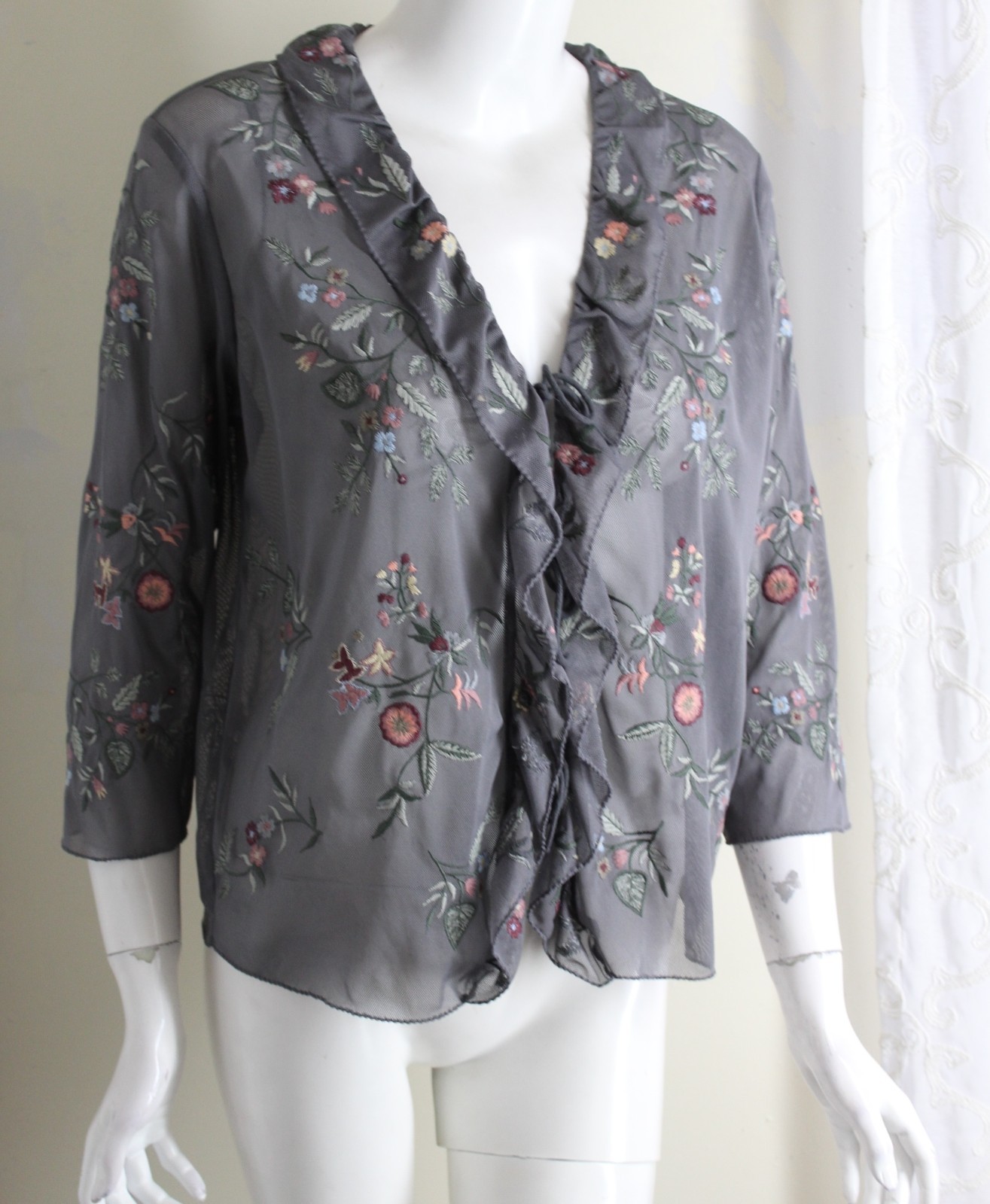 j.jill S Gray Vintage Frilly Embroidered Feminine Mesh Cardigan Topper Jacket