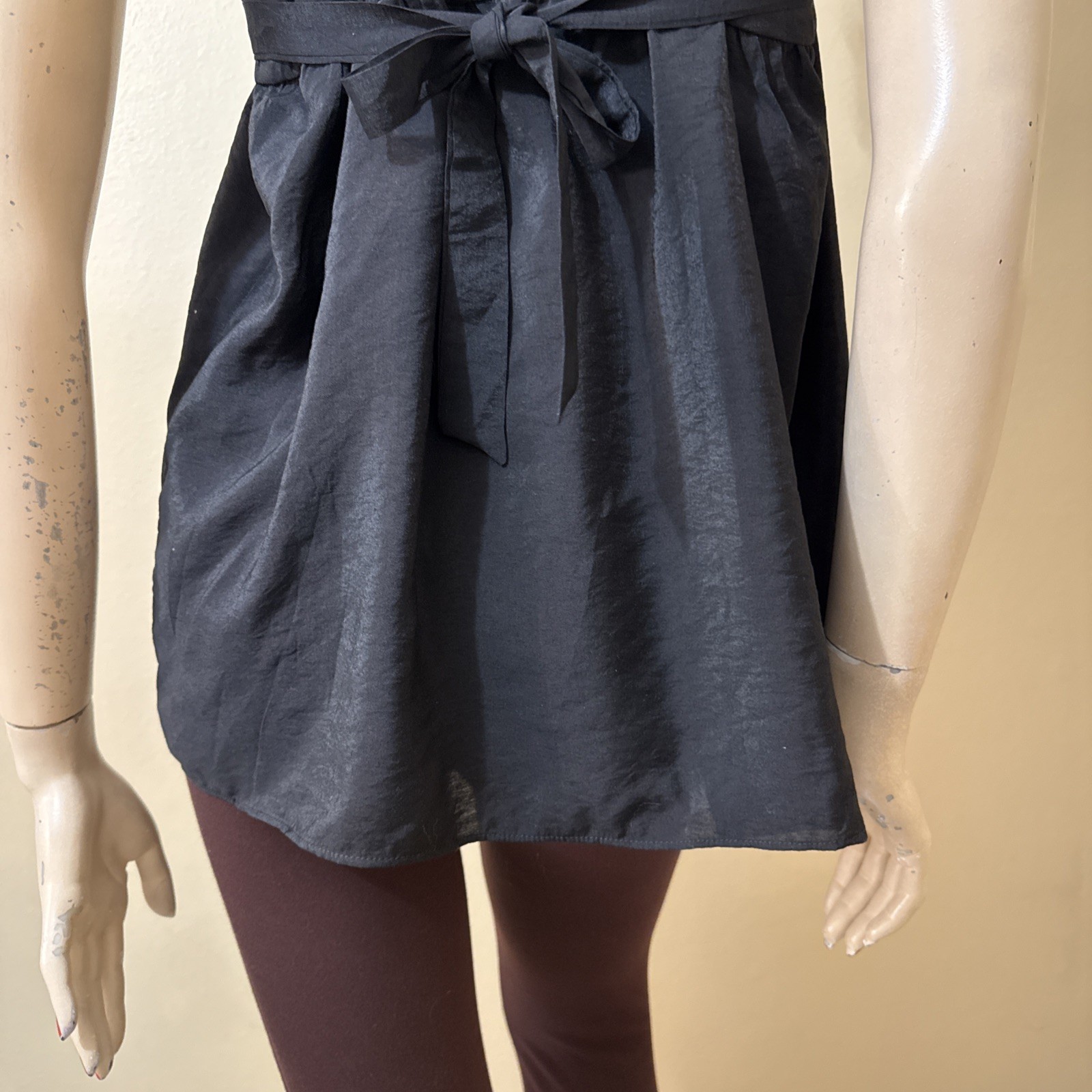 Women’s Black Rayon Casual Summer Open Sheer Button Tied Size L Blouse Top Tunic