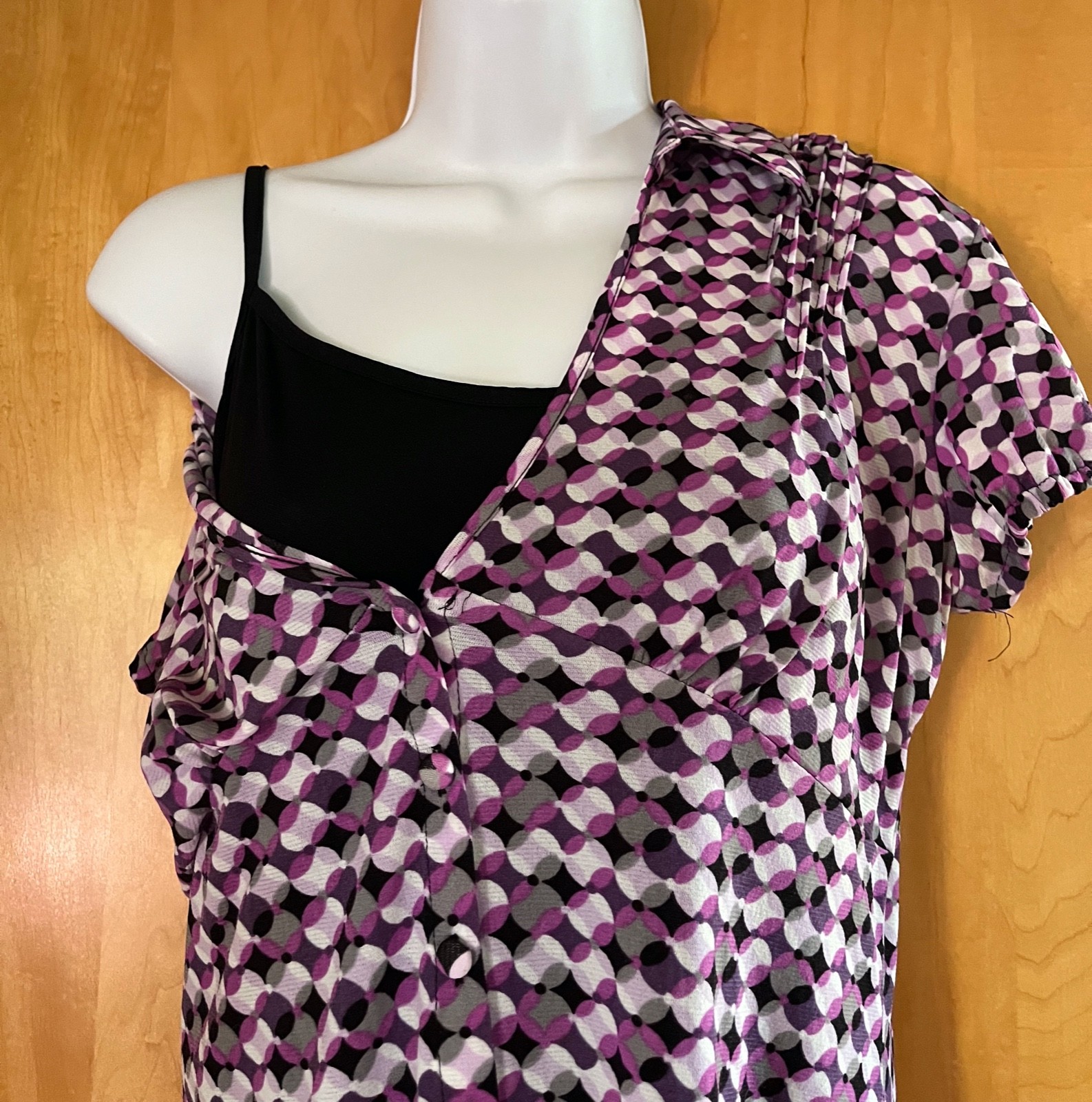 WOMENS STYLE & CO. PURPLE GEOMETRIC PRINT BLACK TANK TOP CAP SLEEVE BLOUSE SET M