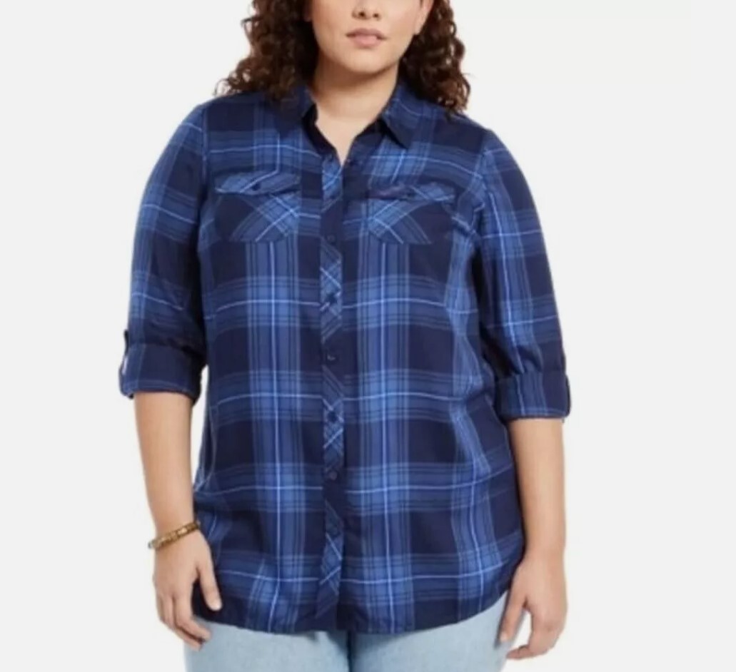 Style & Co Womens Plus 1X Navy Plaid Cuffed Sleeve Top NWT CP24