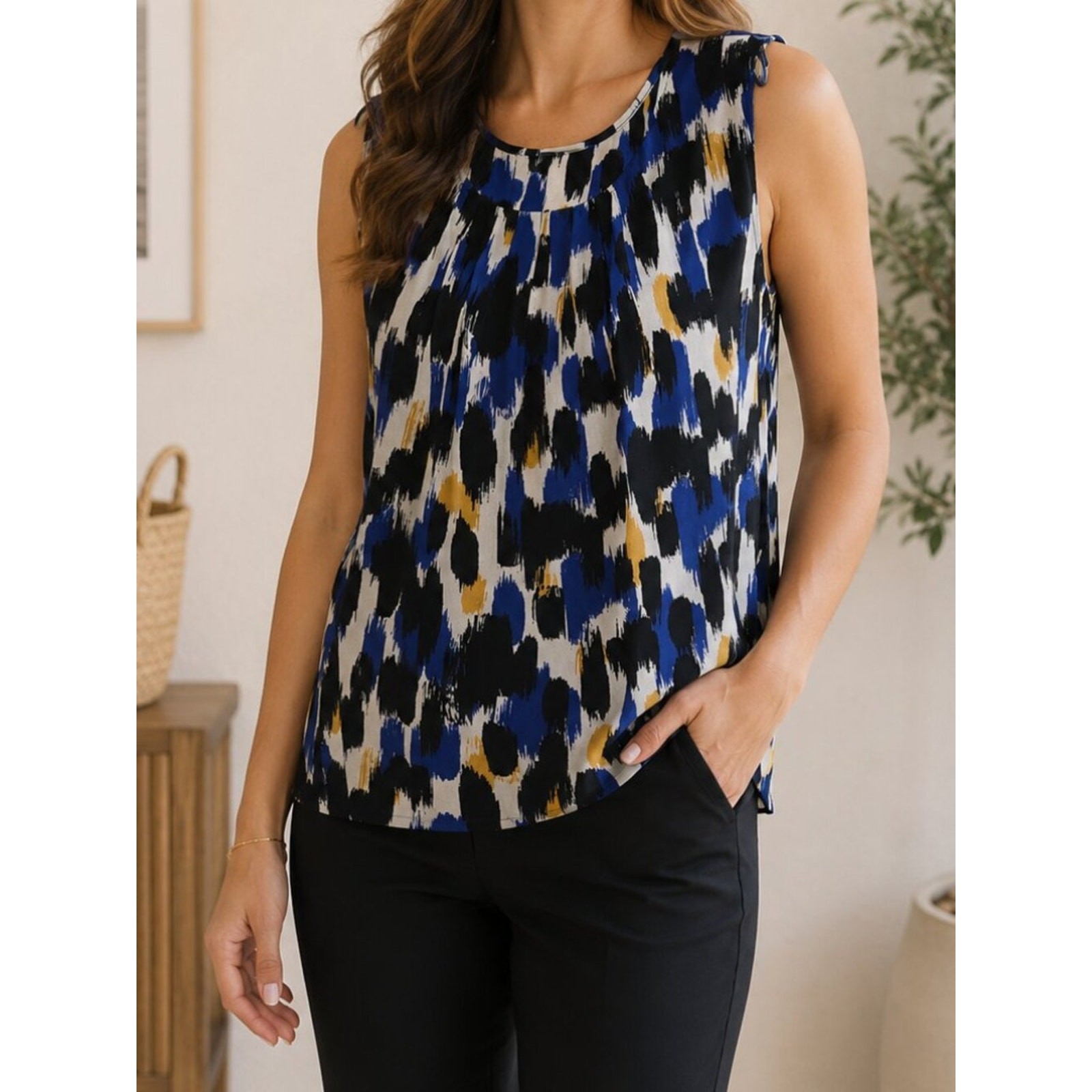 Y2K 90s Jones Studio Blue/Black Abstract Artsy Art to Wear Sleeveless Blouse XL