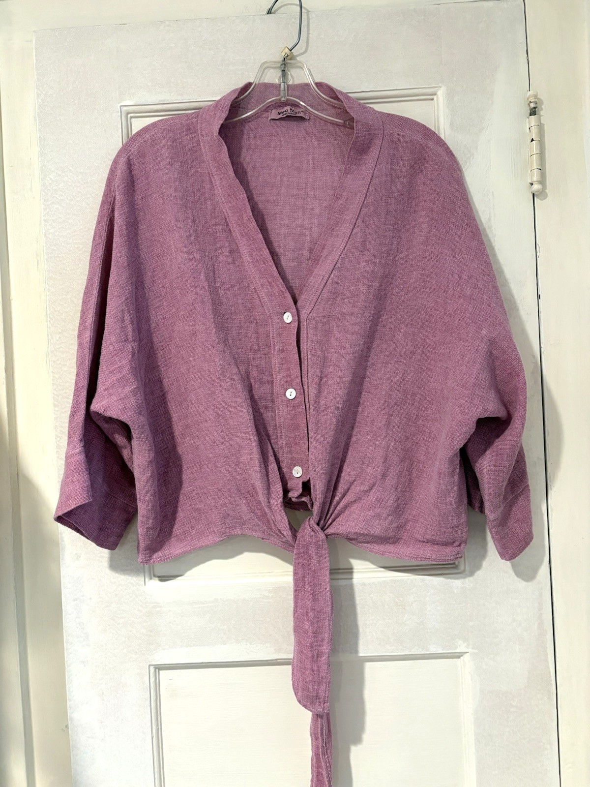 Meo Meli Linen / Cotton Loose Weave 3/4 Sleeve Front Tie Shirt Lavender Italy