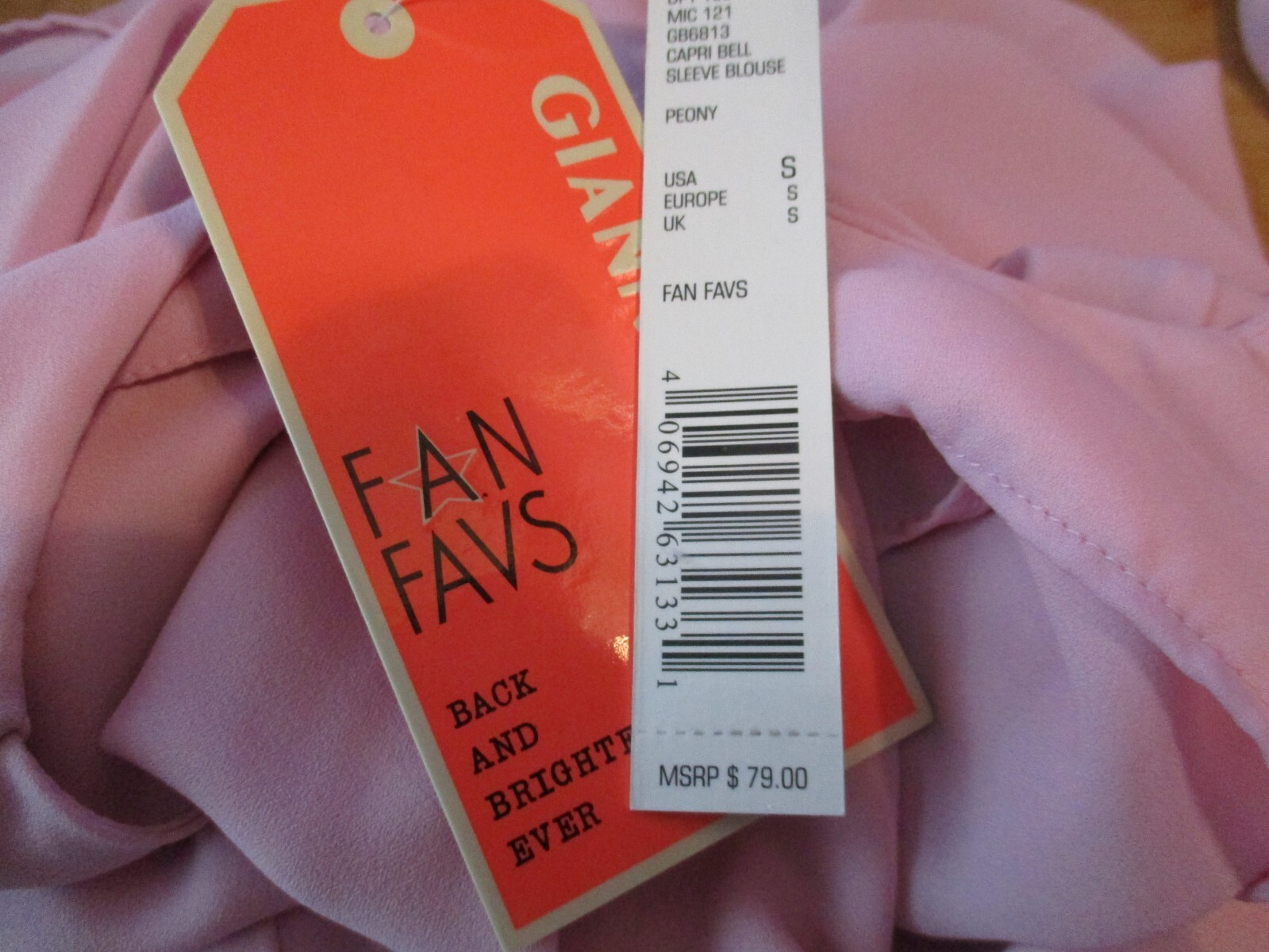 NWT Gianni Bini fancy top pale pink giant bell sleeves blouse GB6813 size Small
