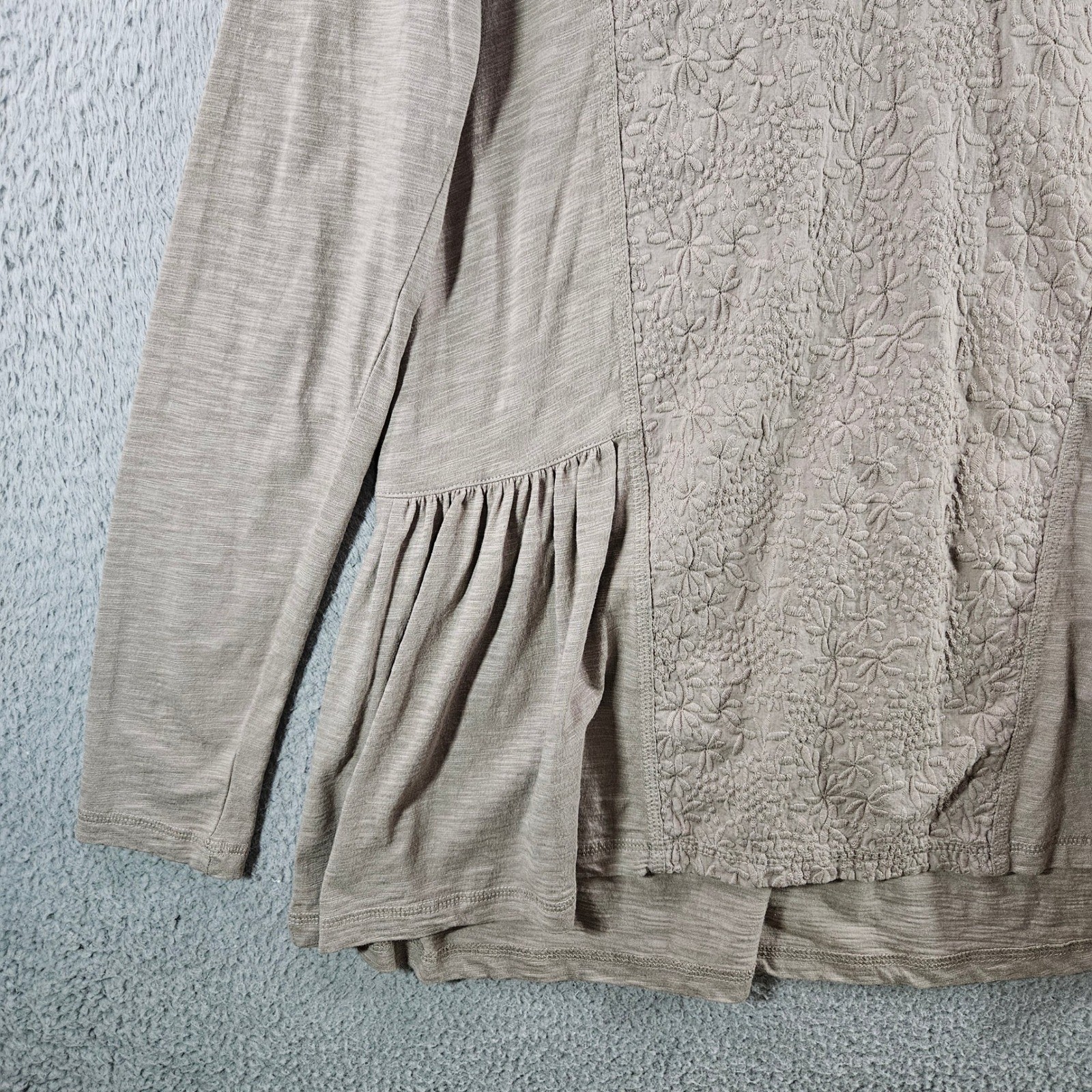 LOGO Lori Goldstein Women XS Taupe Embroidered Peplum Top Long Sleeve